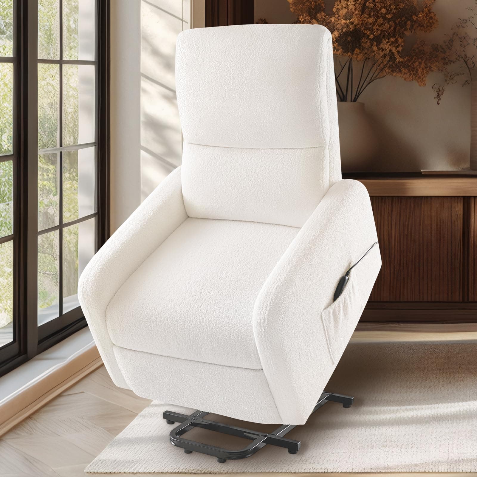 Jocisland Electric Recliner for Elderly, Teddy White with High Back & Side Pocket