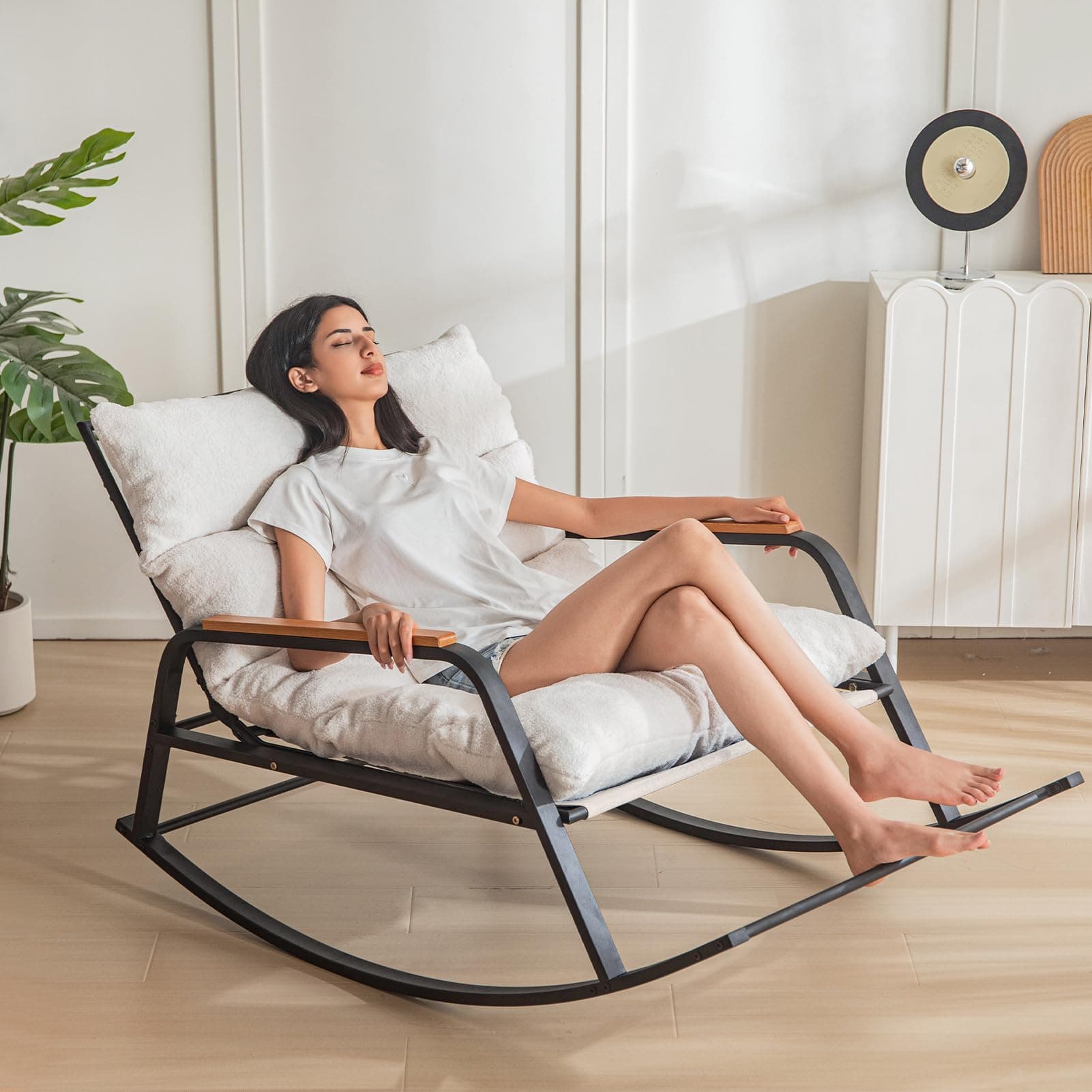 MAXYOYO Beige Adjusting Reclining Rocking Chair with Wide Teddy Cushion