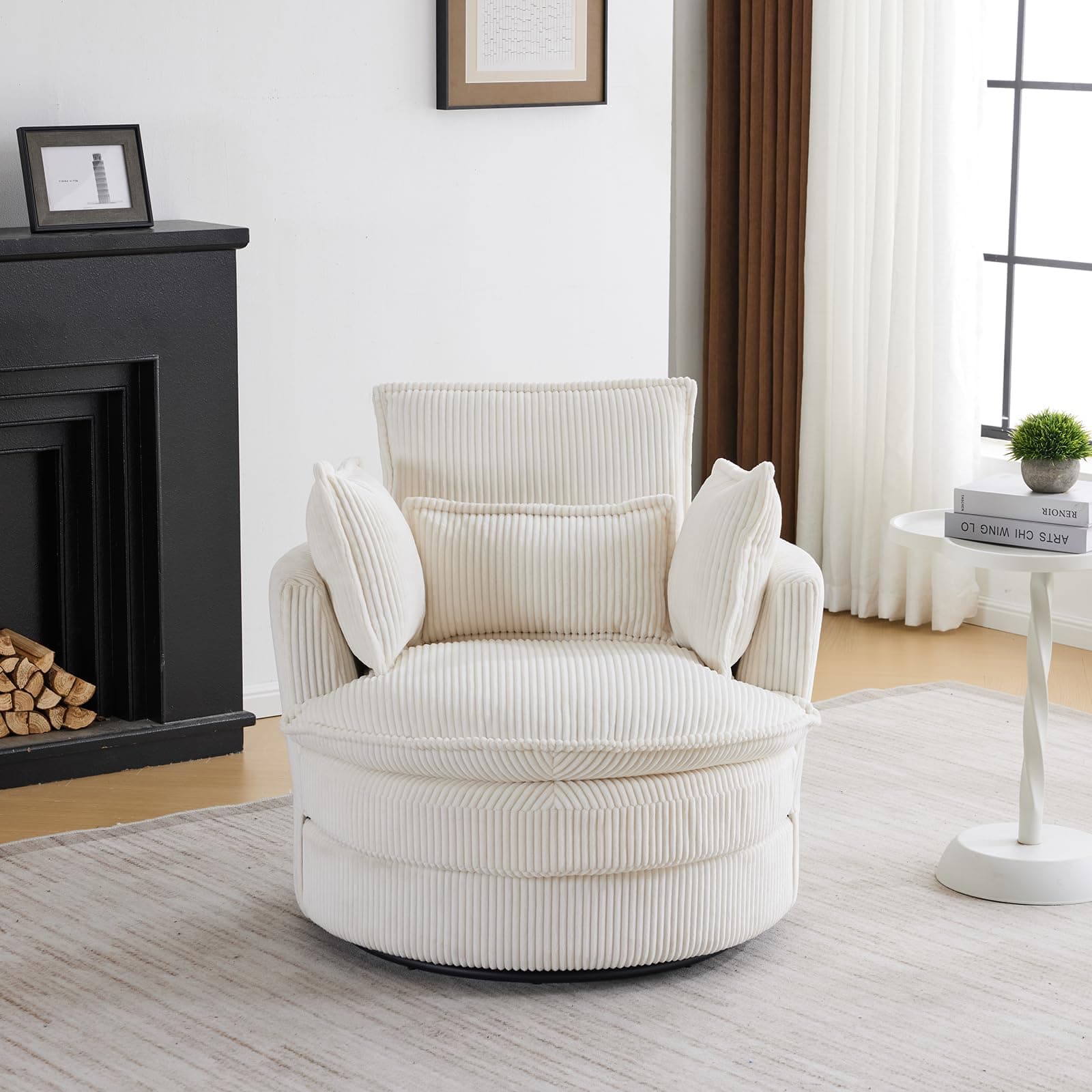 Karl Home Beige Corduroy 360 Degree Swivel Lounge Chair with 3 Pillows