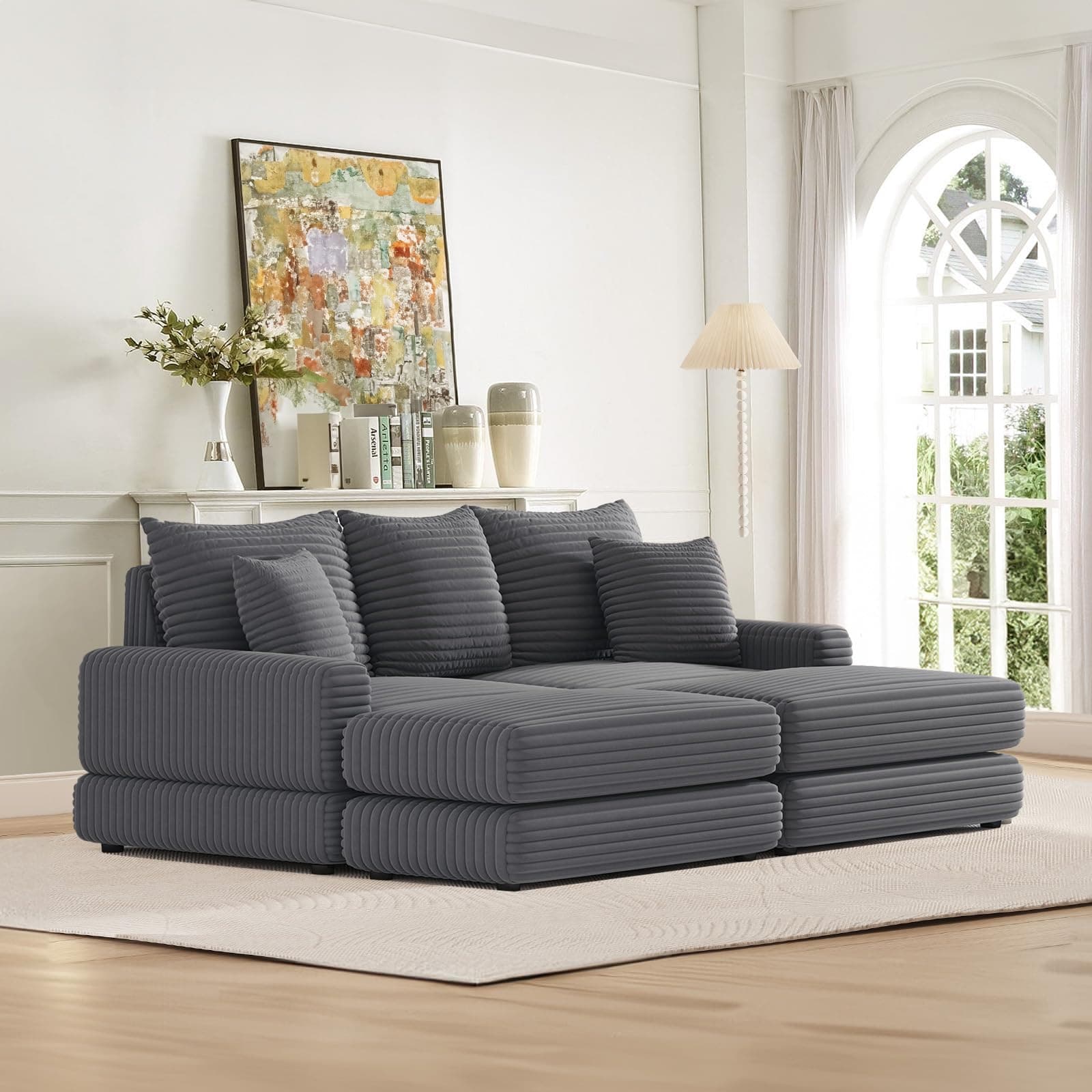 Oversized Grey Corduroy Chaise Lounge Seater with Ottoman