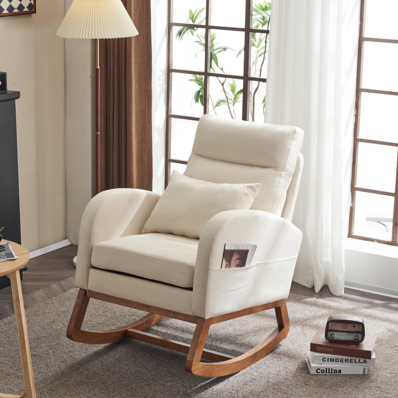 Vingli Beige Linen Rocking Chair with Thick Headrest for Nursery and Living Room