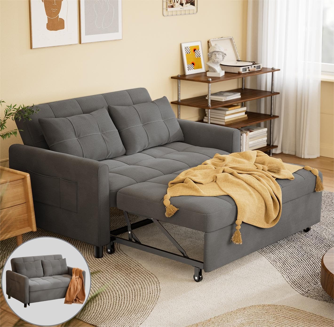 Gizoon 3-in-1 Loveseat Sleeper Sofa Bed with Pull-Out Couch, Linen Fabric, Dark Grey, for Living Room & Apartment