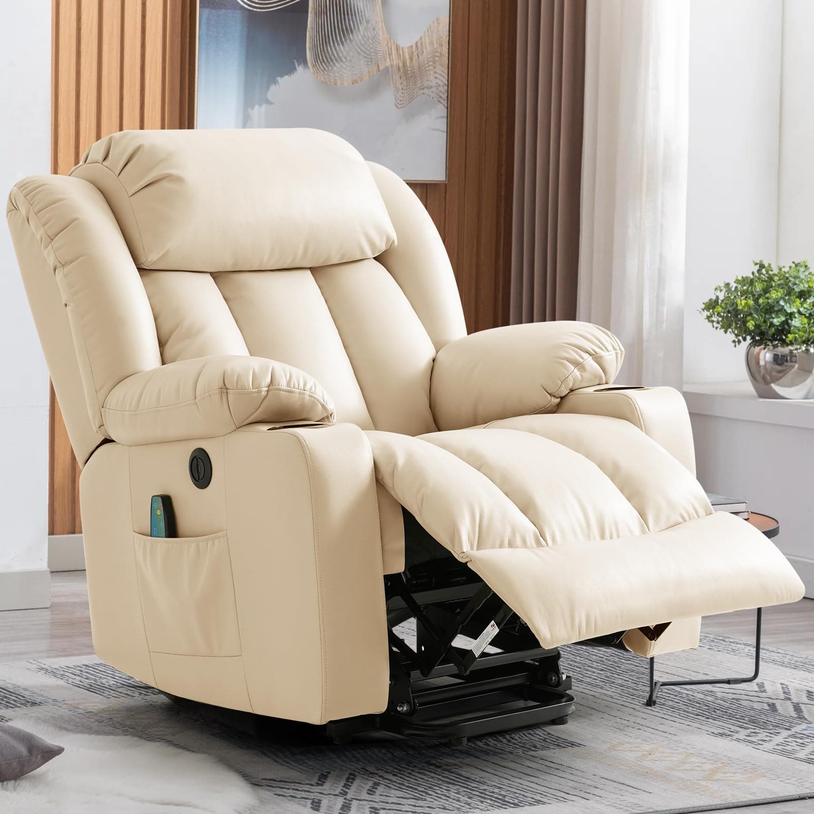 Electric Recliner Chair with Massage & Heat, Cup Holders, Remote Control, USB, Side Pockets, Leather (Beige)
