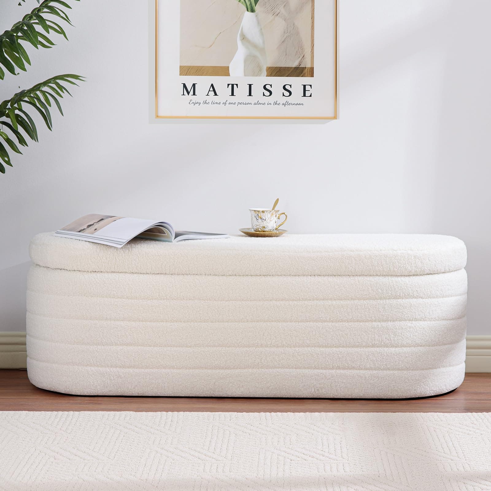 Oval White Sherpa Upholstered Storage Bench for Living Room Bed Entryway