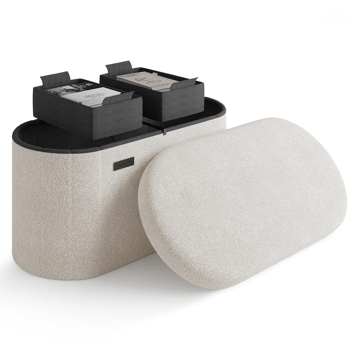 StorageBud White Boucle Oval Ottoman Bench with Storage, 30" Bed End, Foldable Footrest Max 660lbs