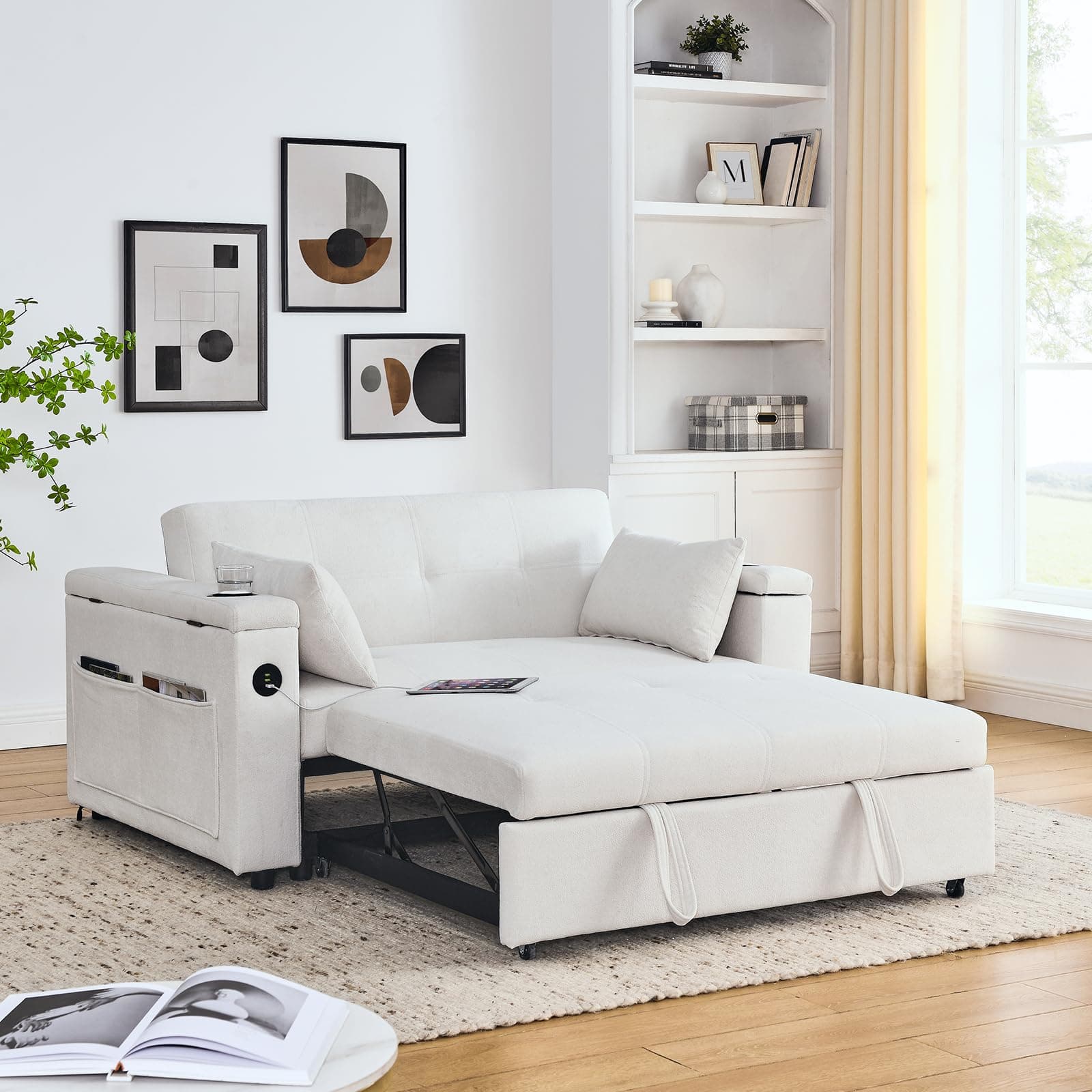 54 Convertible Sleeper Sofa Bed with USB Charging Ports&Cup Holders