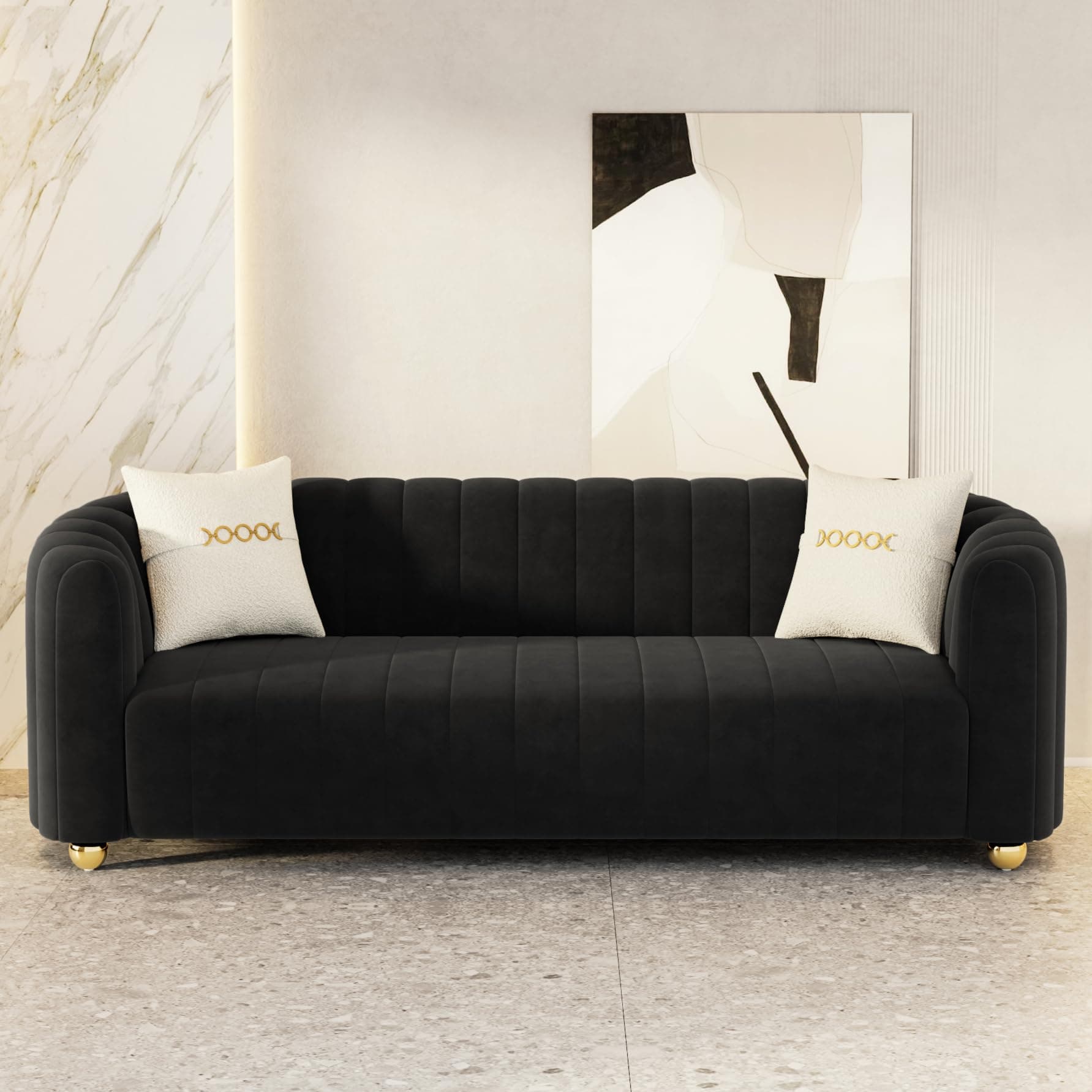 Modern 83.46" Curved Black Velvet Sofa with Gold Legs, 3-Seater for Living Room & Bedroom