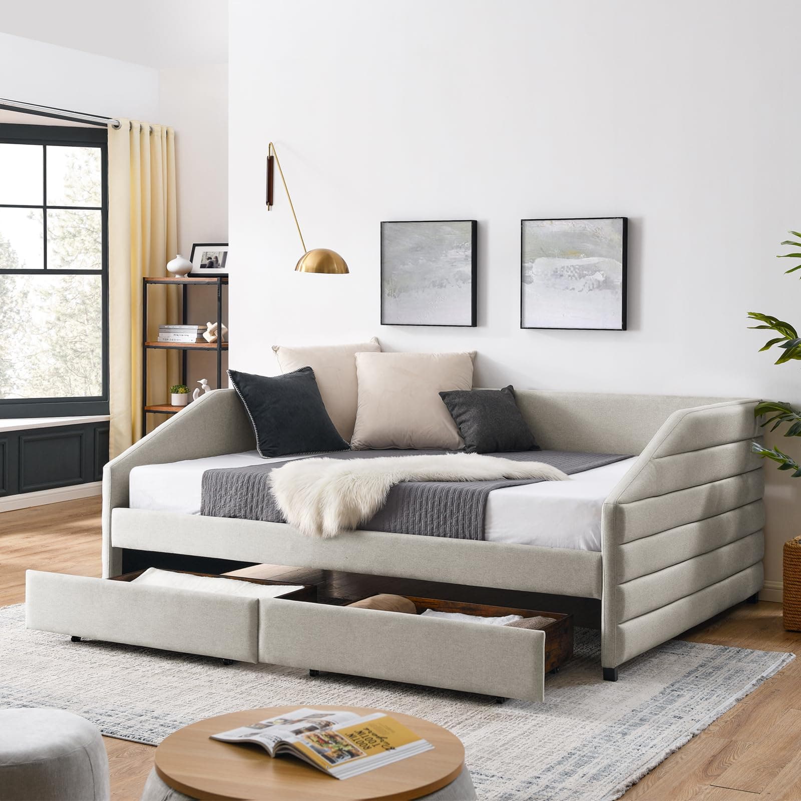 JEEOHEY Queen Size Daybed with Storage, Modern Linen Upholstered Sofa Bed for Living Room and Guest Room, Beige