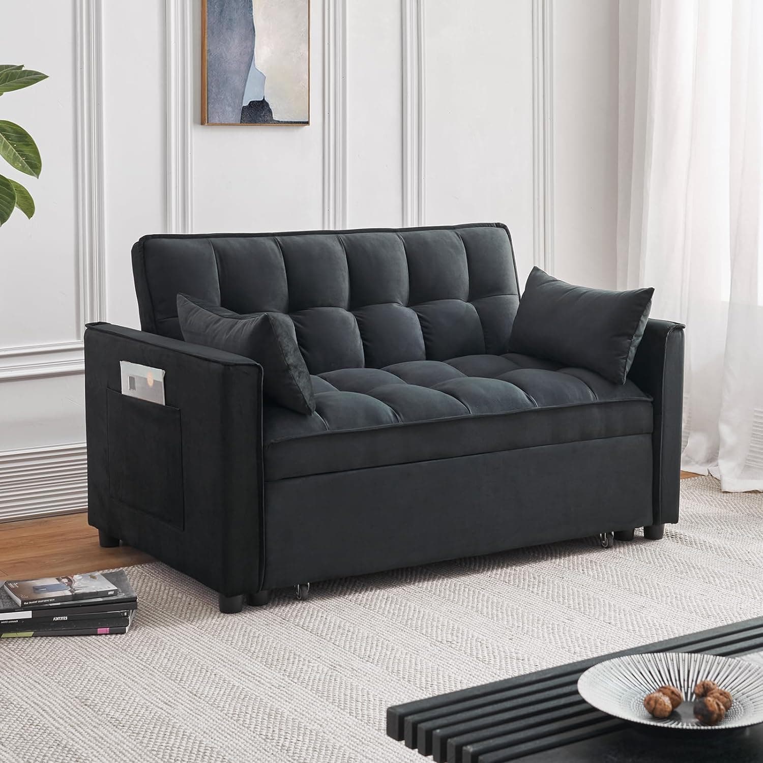Black 3-in-1 Adjustables Backrest Sleeper Sofa Bed with Pull-Out Couch