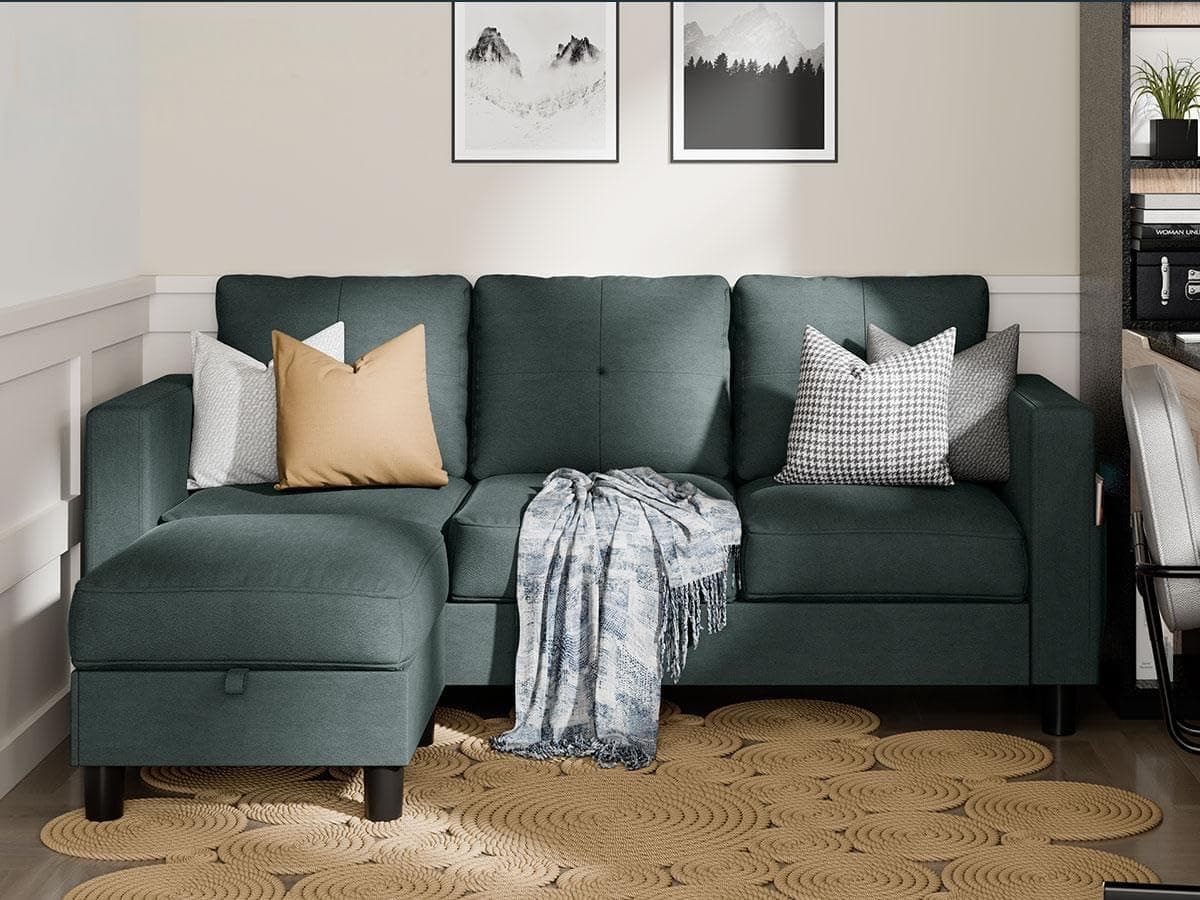 SUNLEI Movable Ottoman Storage L-Shaped Couch, Dark Grey Linen, Living Room Fit Small Spaces