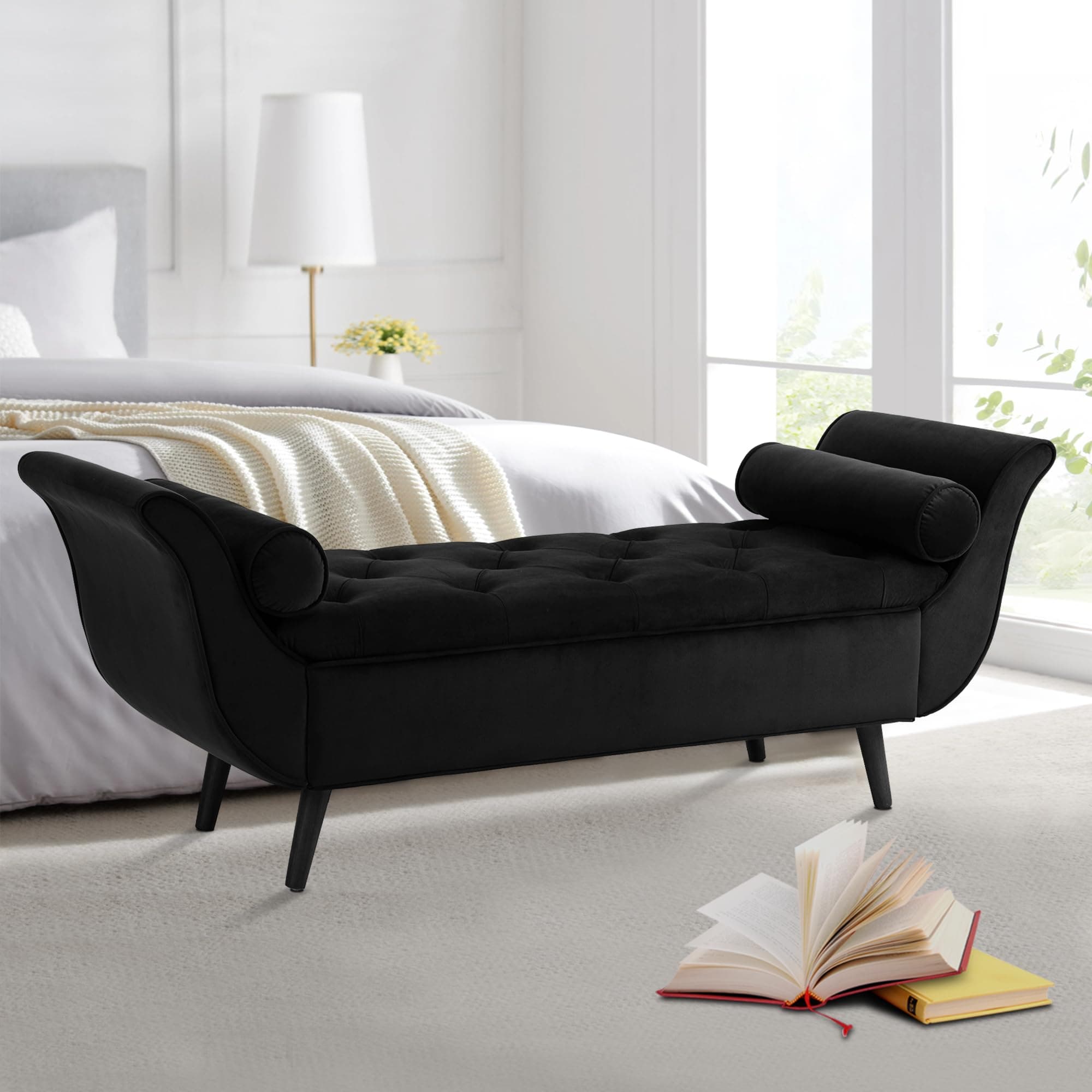 Velvet Storage Bench with Arms and Pillows