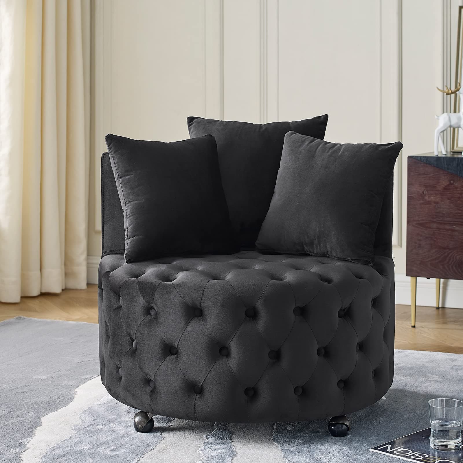 JEEOHEY Black Velvet 360° Swivel Barrel Chair for Nursery, Living Room, Office, and Lounge