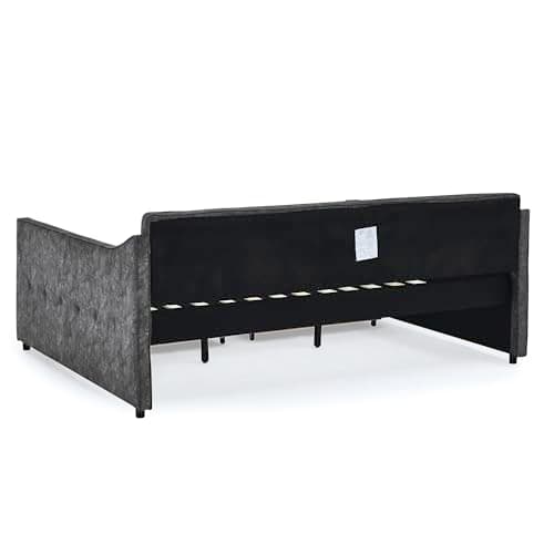Queen Size Daybed with 2 Drawers, Upholstered Sofa Bed with Button Back and Waved Arms, Wood Slat Support - Grey