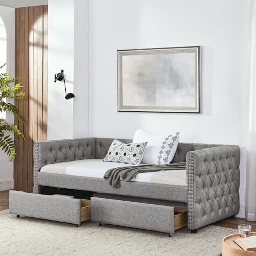 Linen Upholstered Ball & Cast Twin Daybed with Storage & Light Grey USB Port