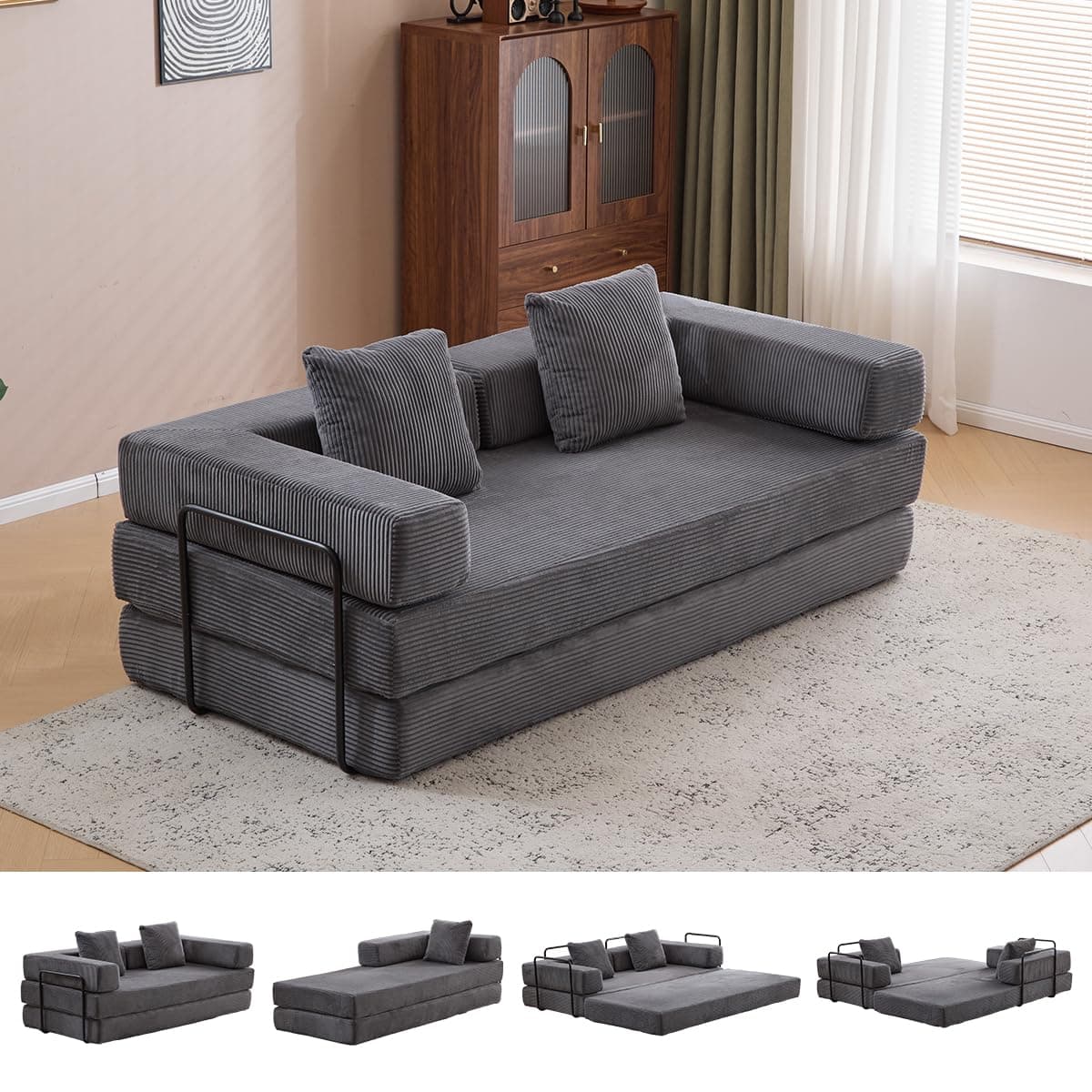 4-in-1 Convertible Folding Sleeper Sofa Bed, Dark Grey Corduroy Mattress Couch