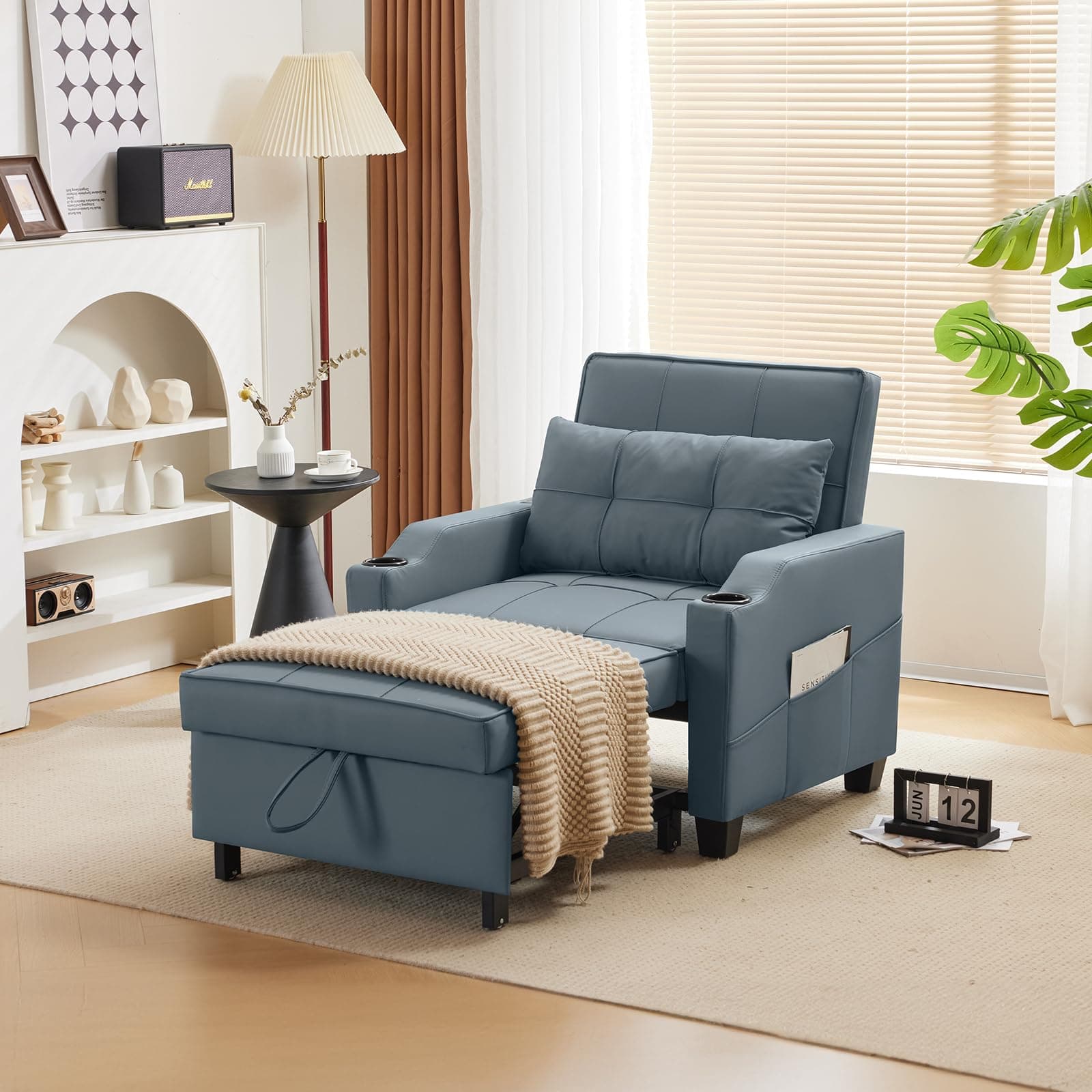 VINGLI 3-in-1 Convertible Sofa Bed Chair, Blue Gray Adjust Backrest USB Cup Holders