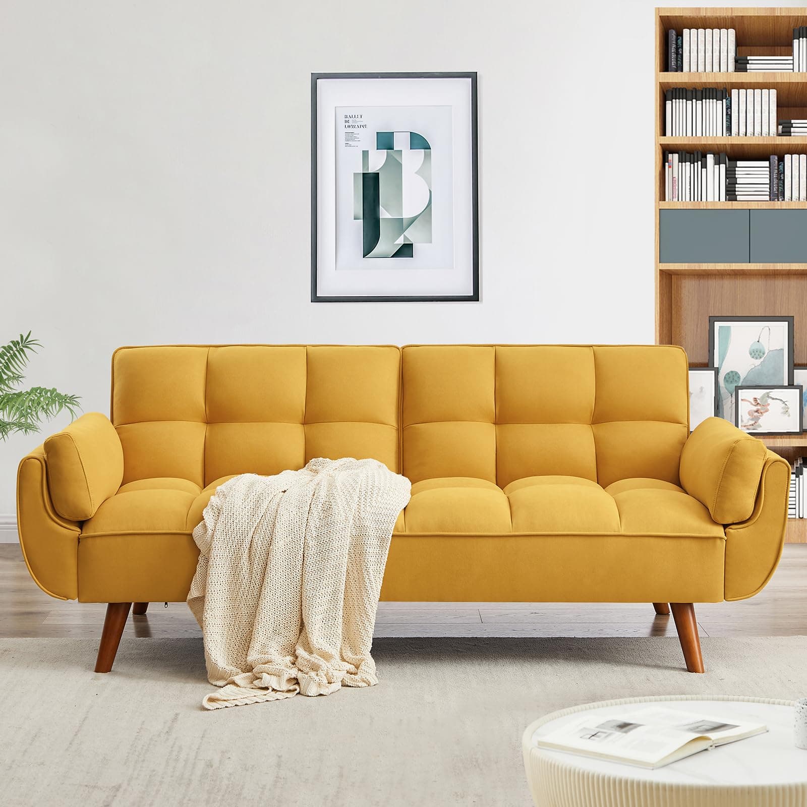 Golden Yellow Convertible Futon Sofa Bed, Linen 75" W 3 Seater with Adjustable Backrests