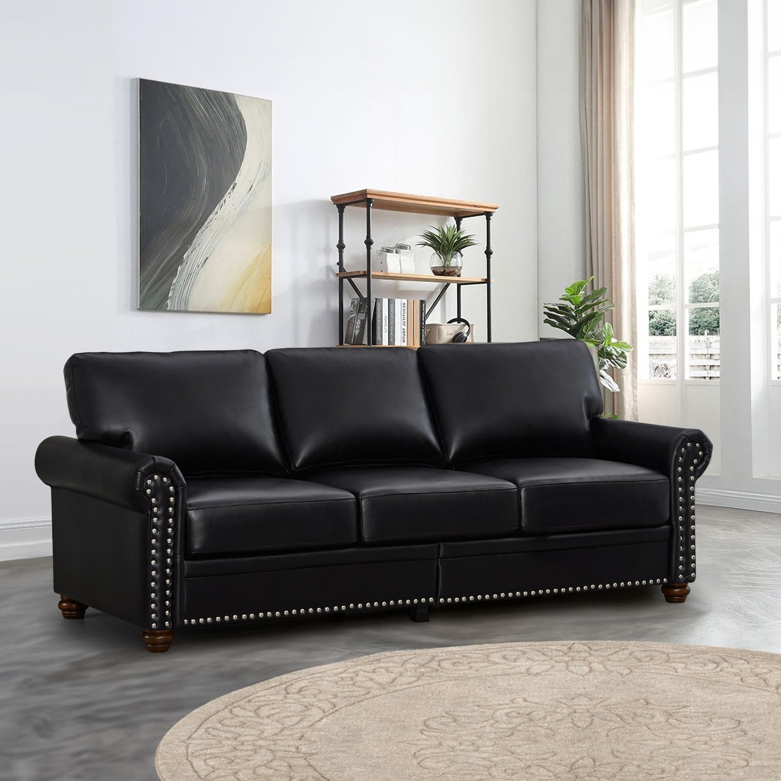 JEEOHEY Modern Faux Leather Sofa with Storage and Rolled Arm