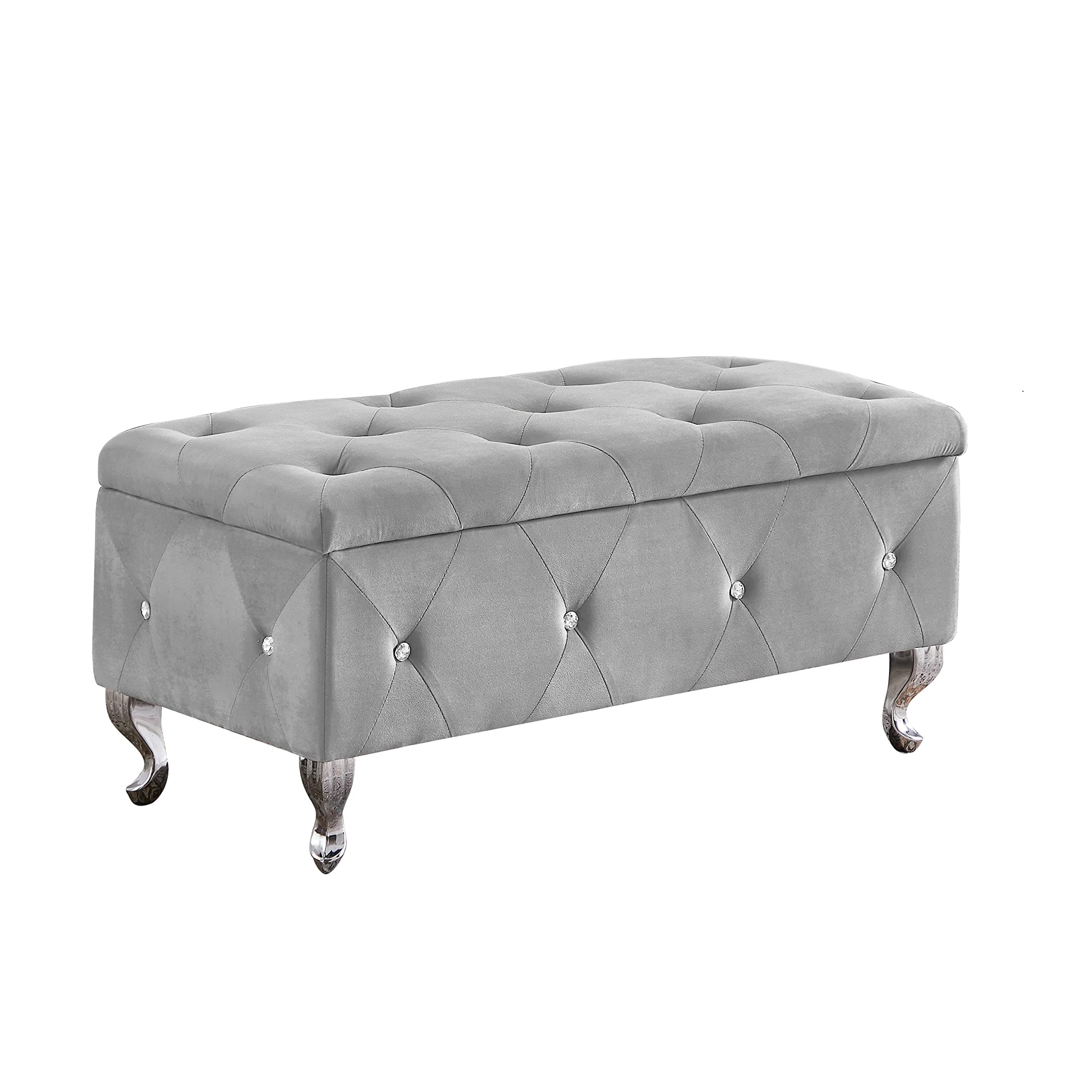 Velvet Upholstered Storage Ottoman Bench with Safety Hinge and Padded Seat in Grey