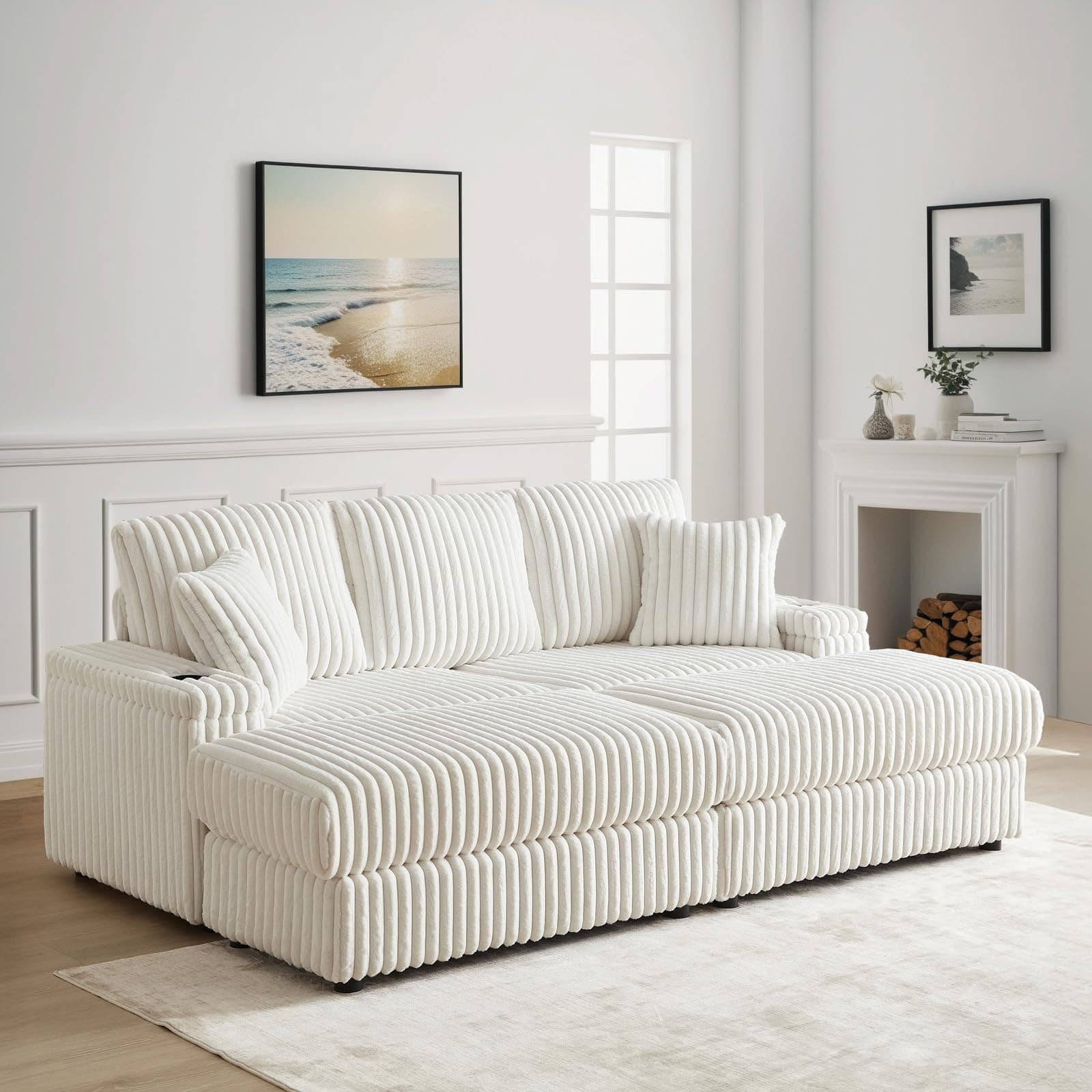Beige 84 Oversized Chaise Lounge Chair with Ottoman, Storage & Cup Holders - Modern Sectional Sofa Bed for Living Room, Office (3 Seater)