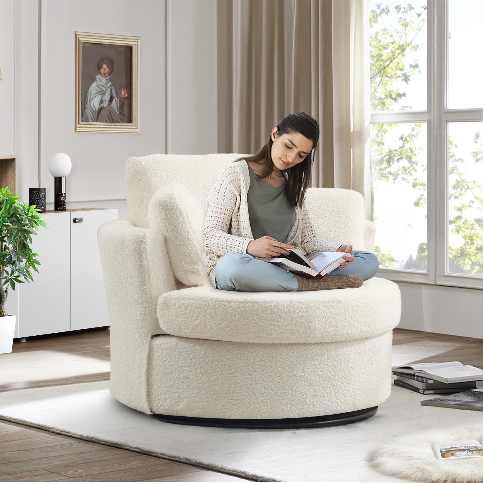 JEEOHEY 42 Ivory Teddy Swivel Barrel Chair - Modern Oversized Accent Chair for Nursery, Living Room, Bedroom