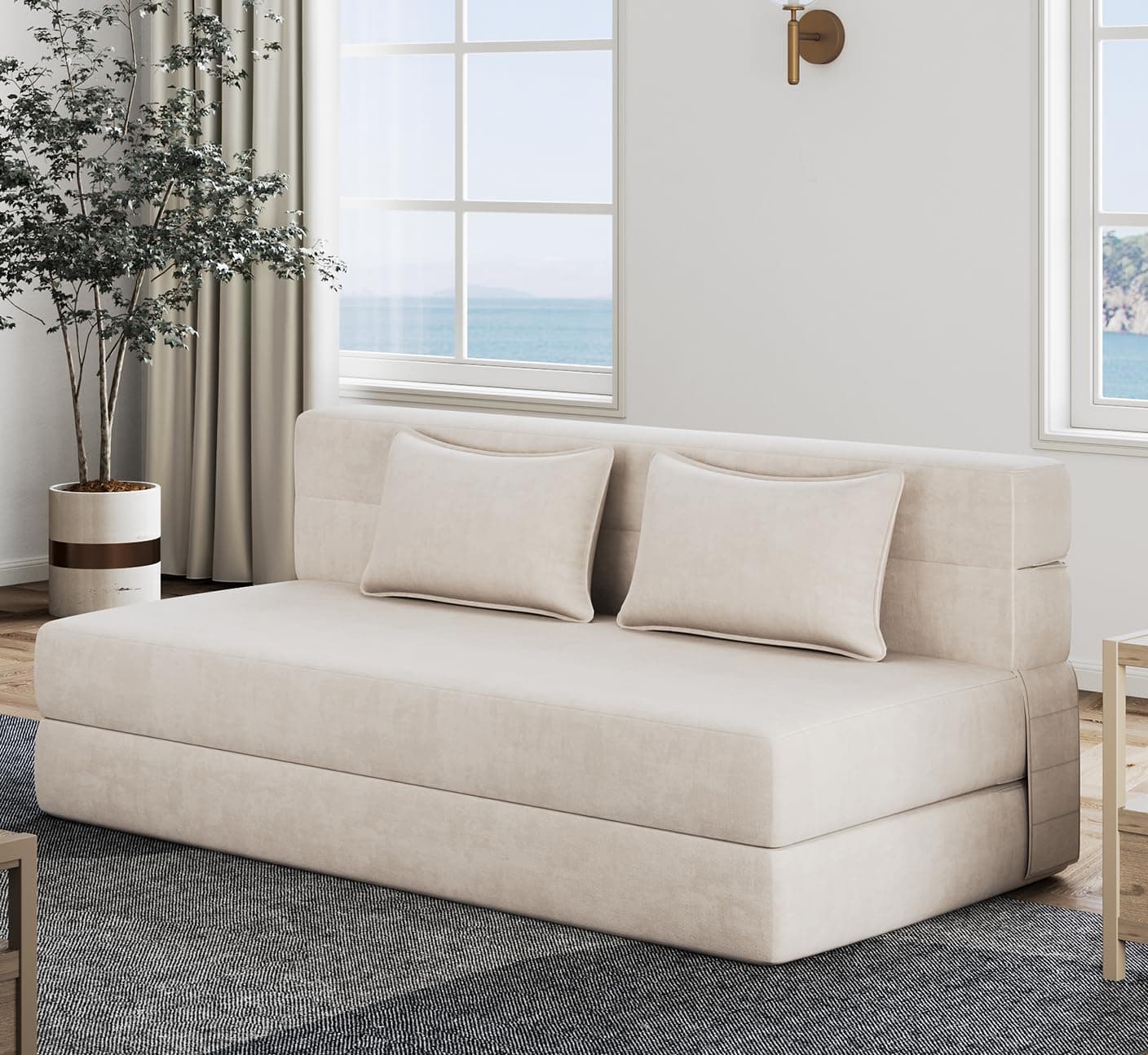 Folding Sofa Bed Queen for Travel and Guests, Off White