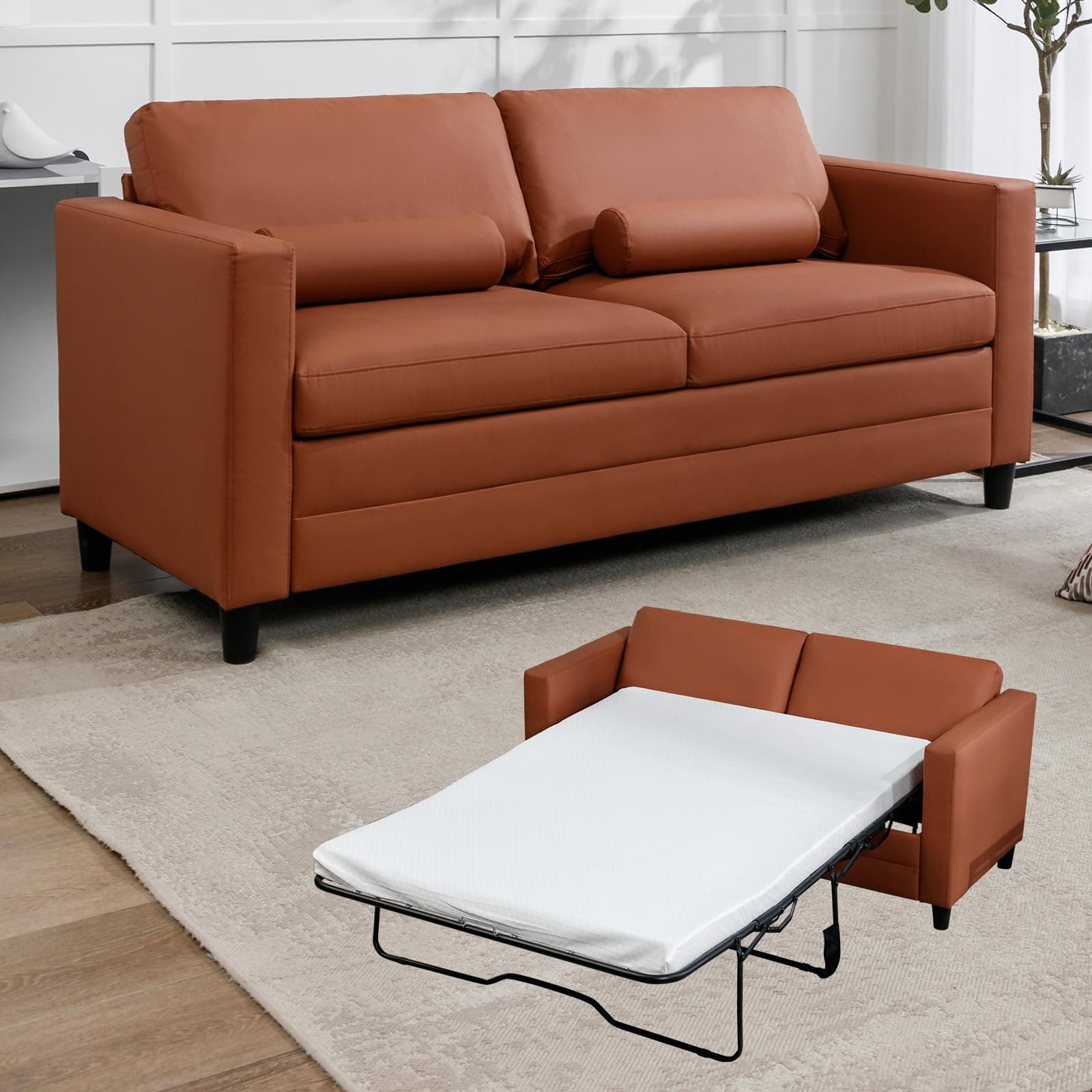 Convertible Queen Size Sleeper Sofa with Anti-Scratch Leather - Cognac