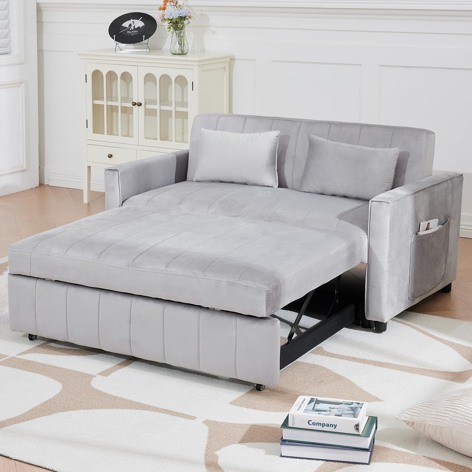 Modern Grey Velvet Convertible Sleeper Sofa Bed with Pullout Bed and Storage