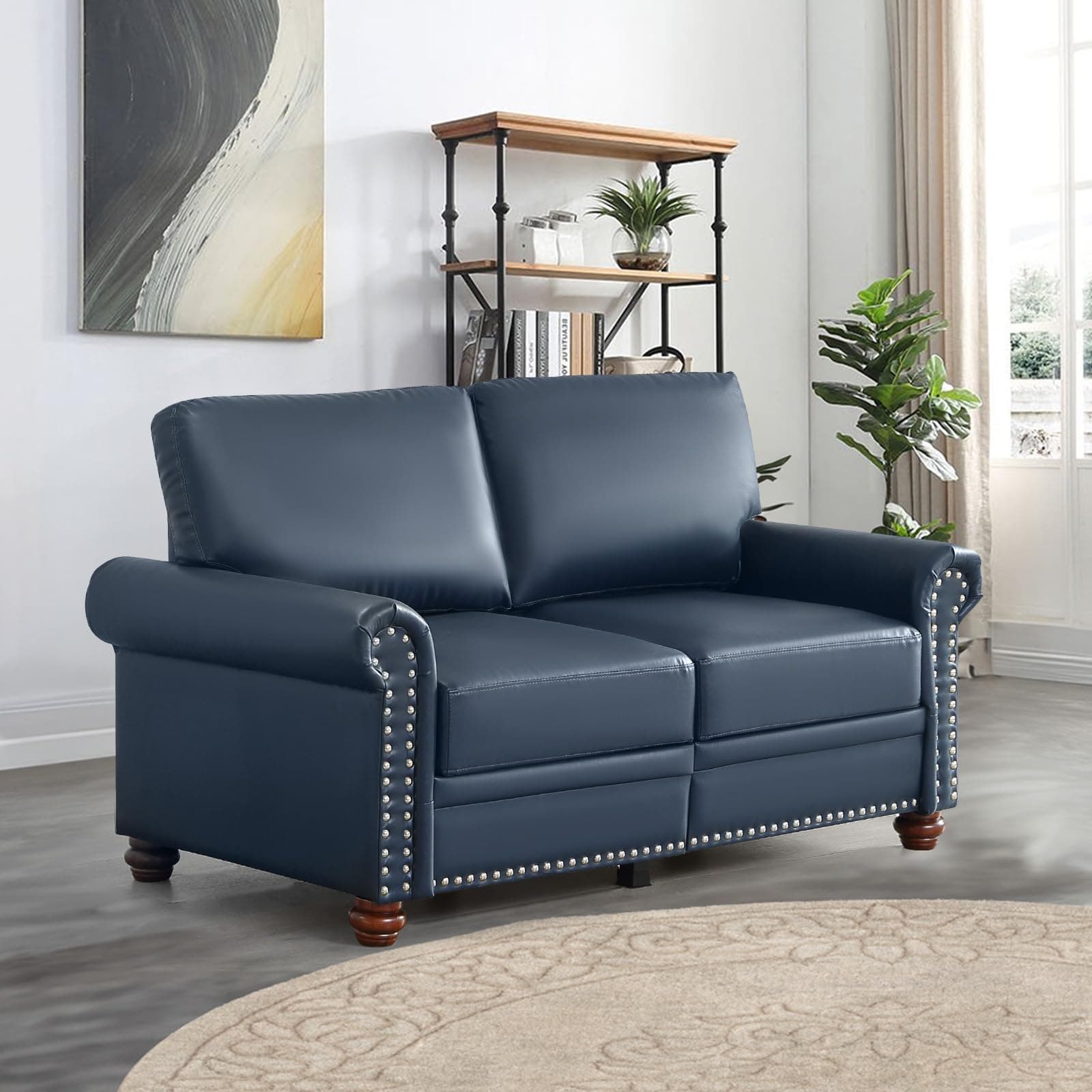 Mid Century Modern Faux Leather Loveseat with Storage, Comfy 2 Seater Couch for Living Room, Office (Navy Blue)