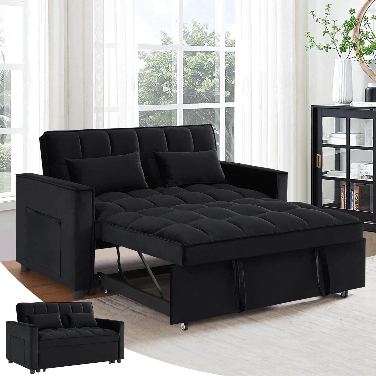 Antetek Modern Velvet 3-in-1 Sleeper Sofa Bed, Reclining Lounge Living Room Furniture, Black