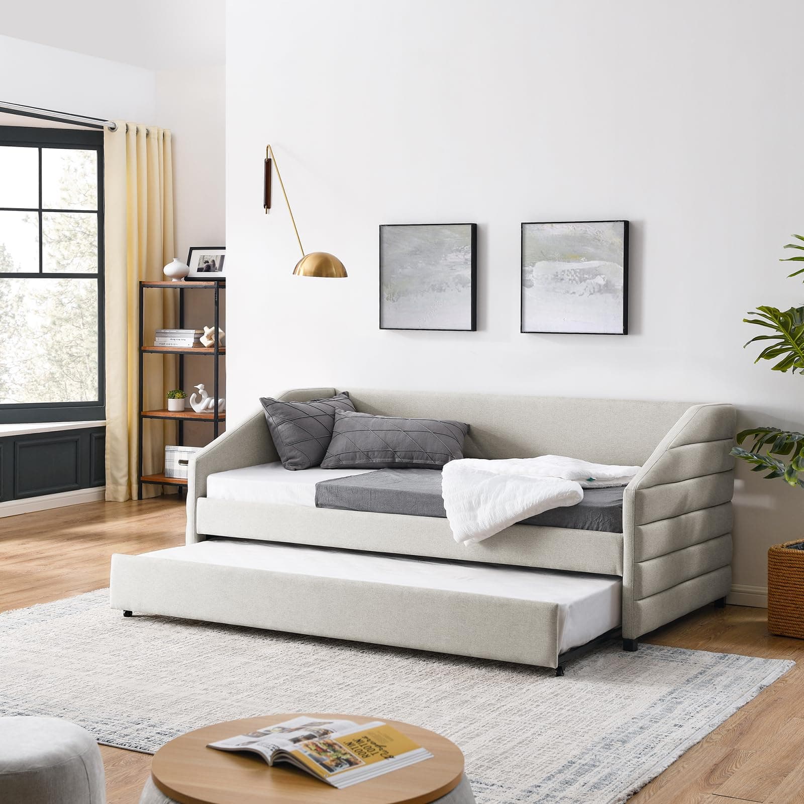 Twin Size Daybed with Trundle for Apartment Living Room - Beige