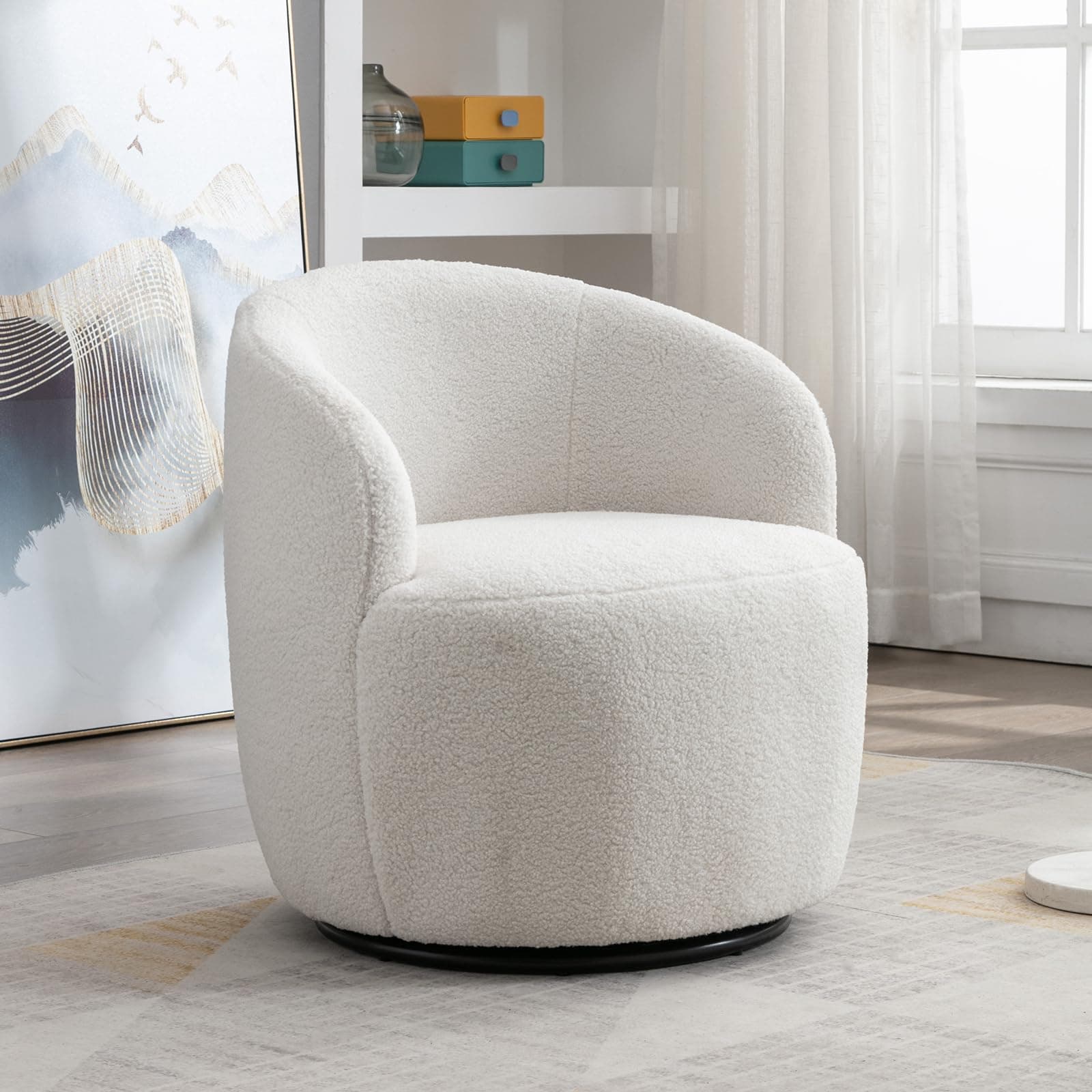KIVENJAJA Teddy Sherpa Swivel Chair, Ivory, Modern Nursery Living Room Armchair