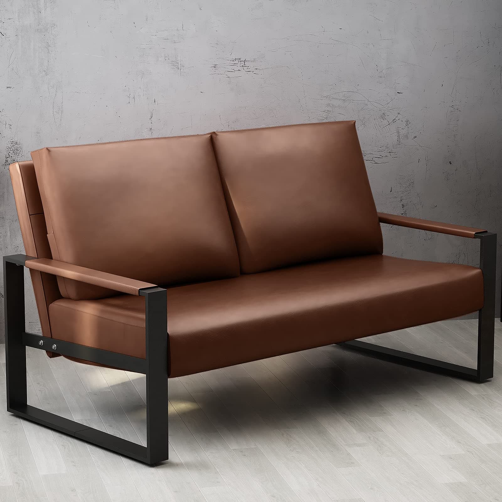Mid-Century Brown Faux Leather Loveseat for Small Spaces