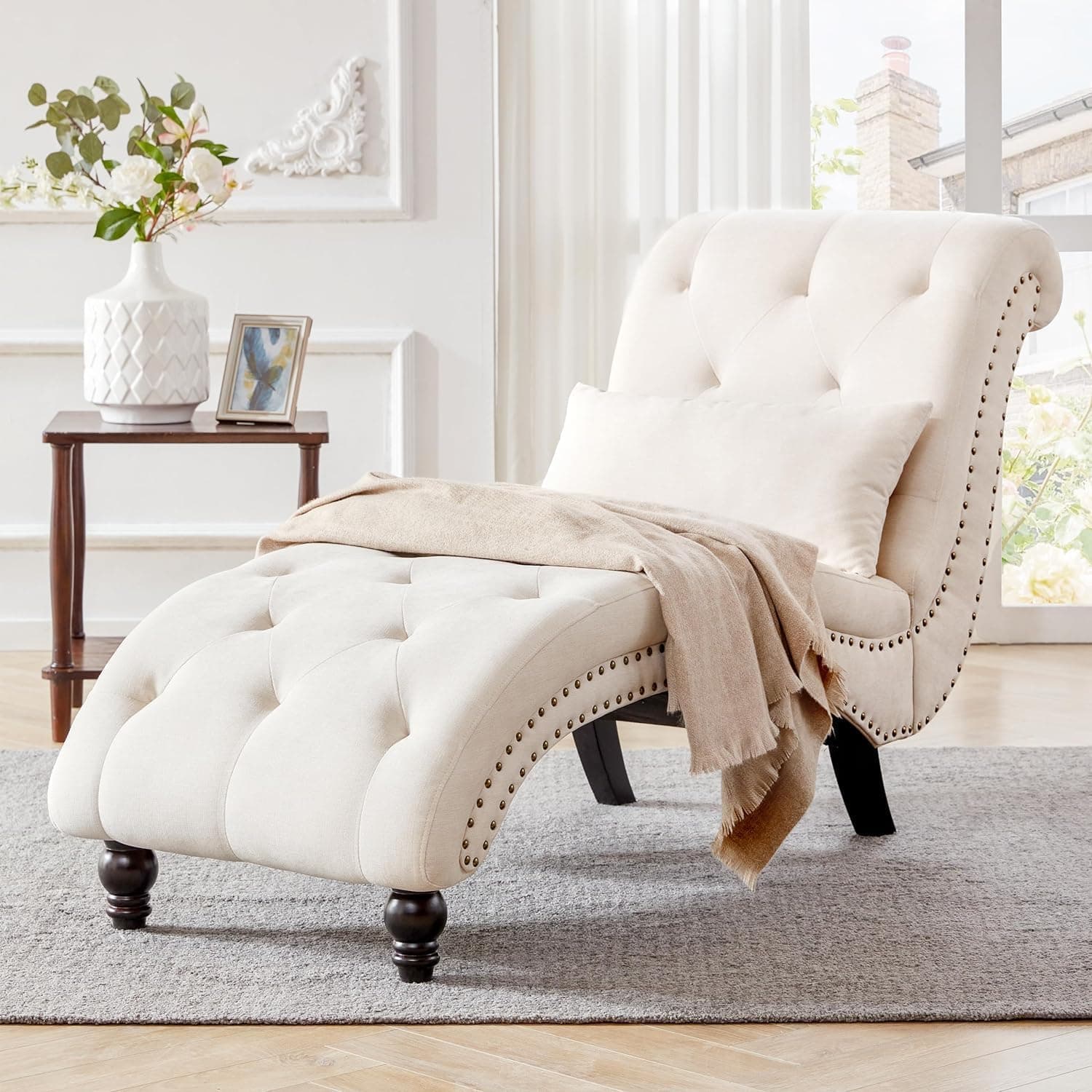 Tufted Beige Linen Rivets Chaise Lounge Chair for Living Room and Bedroom