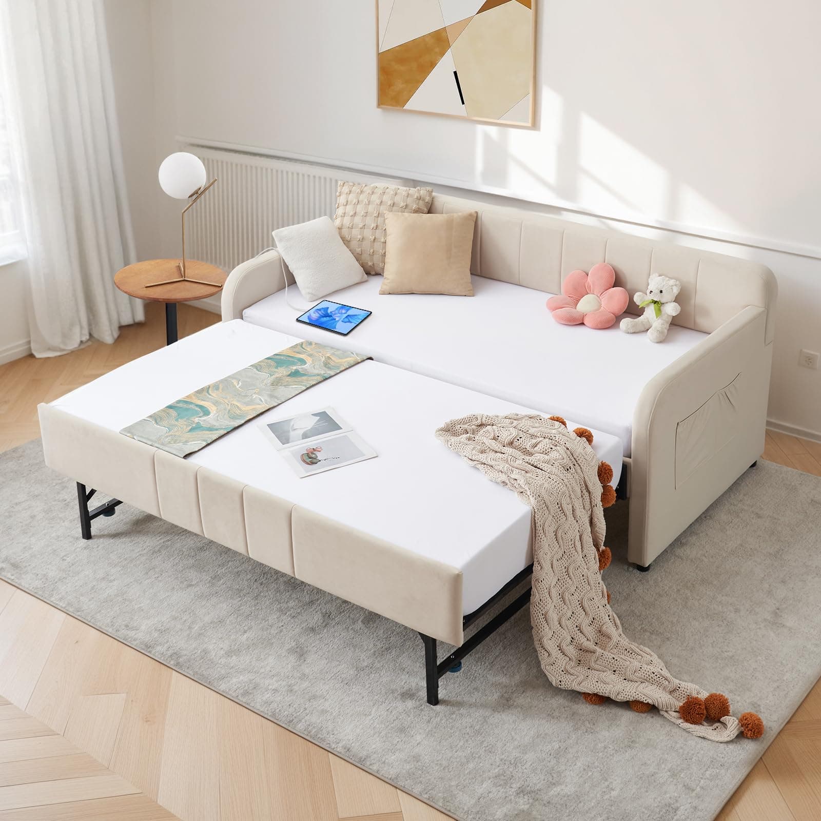 Beige Velvet Tufted Twin to King Size Daybed with Pop Up Trundle & USB Port
