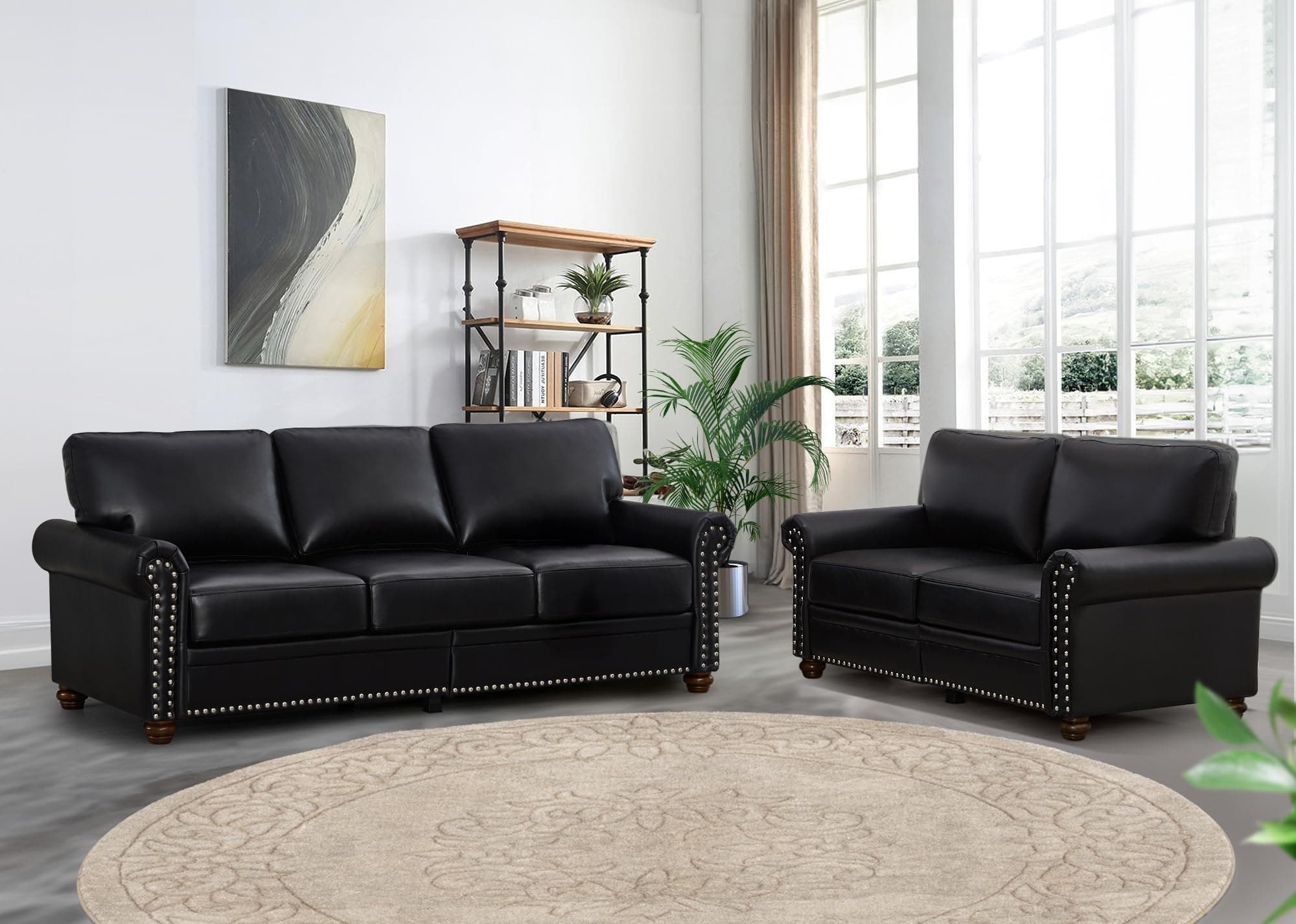 Modern Faux Leather Sofa Set with Storage for Living Room and Office (Black)
