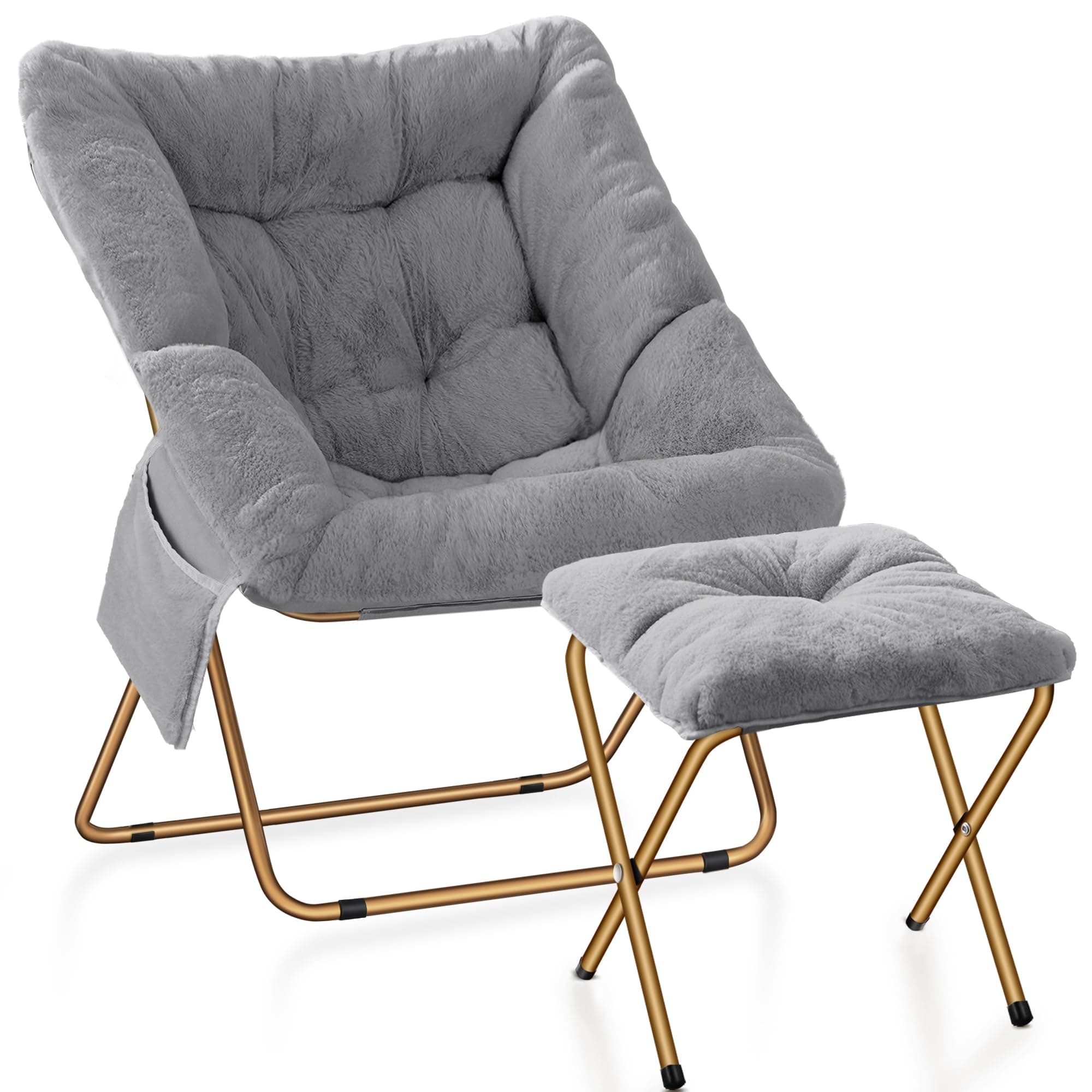 Ottoman-Grey X-Large Faux Fur Lounge Chair for Adults