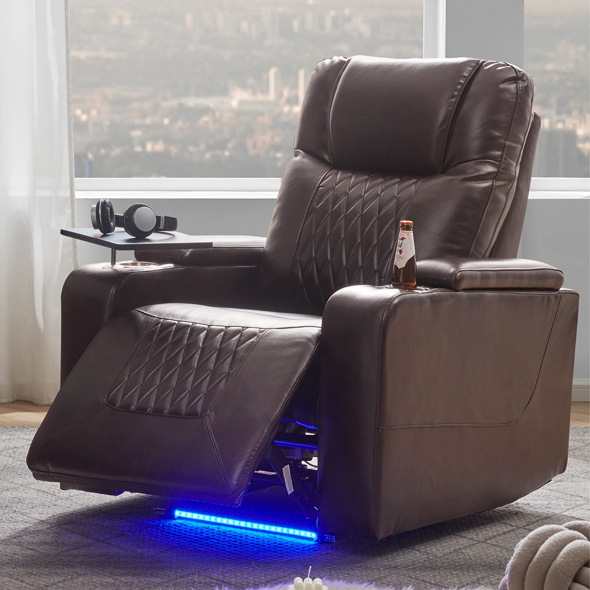 Merax Brown Electric Gaming Recliner Chair with USB Port and Ambient Lighting Home Theater Seating