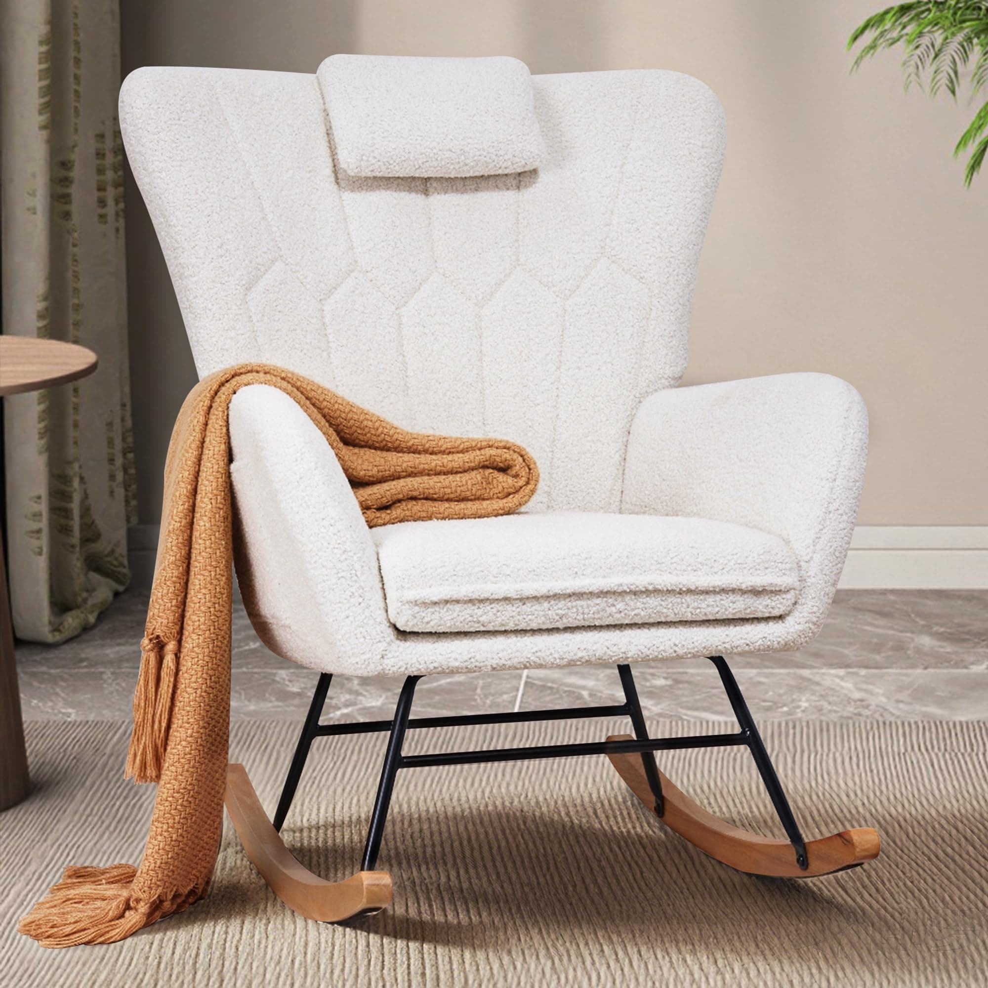 VECELO Thick Headrest Reading Glider Rocker with Side Pocket, White