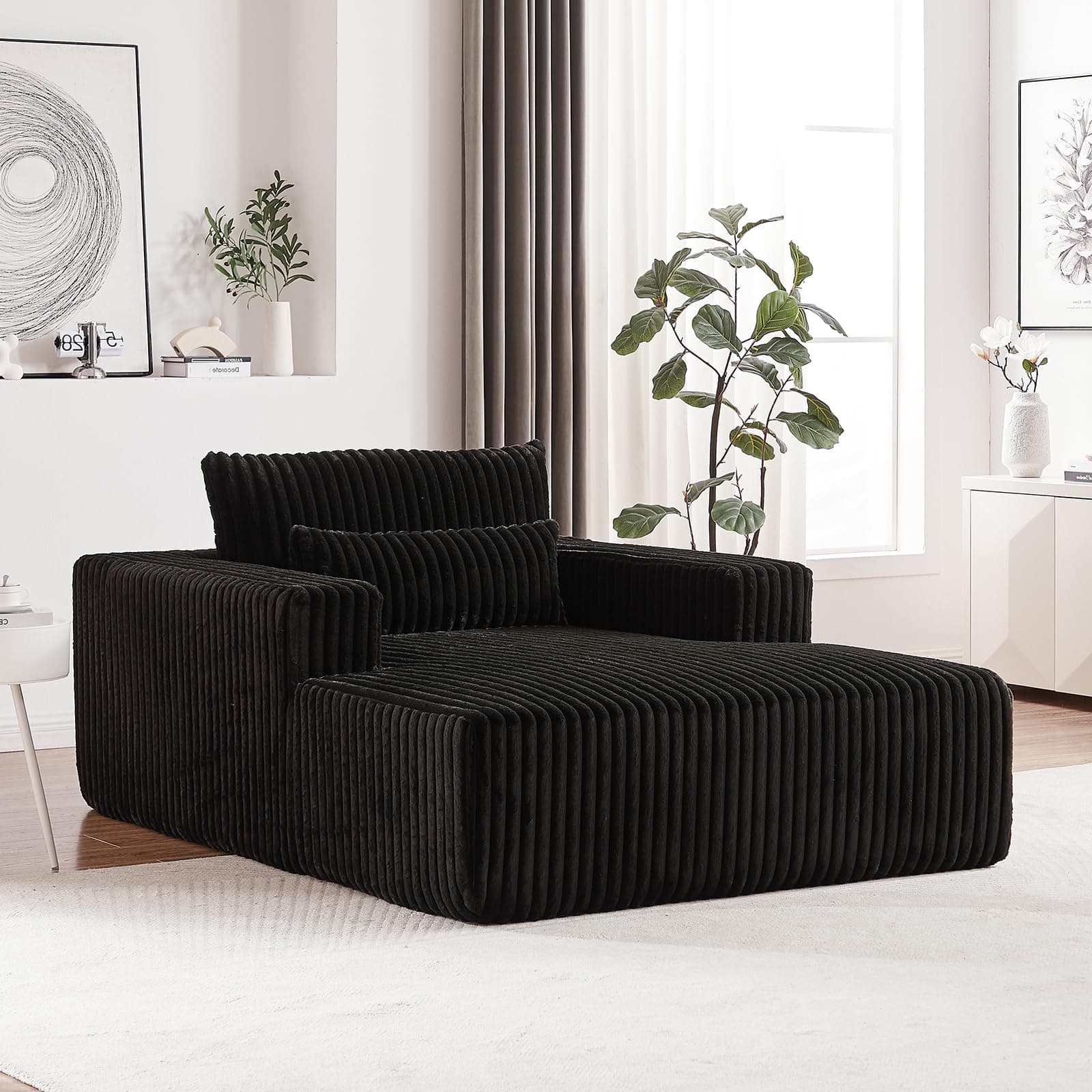 Oversized Black Chaise Lounge Chair - Plush Corduroy Sofa with Wide Armrests & Pillows for Living Room