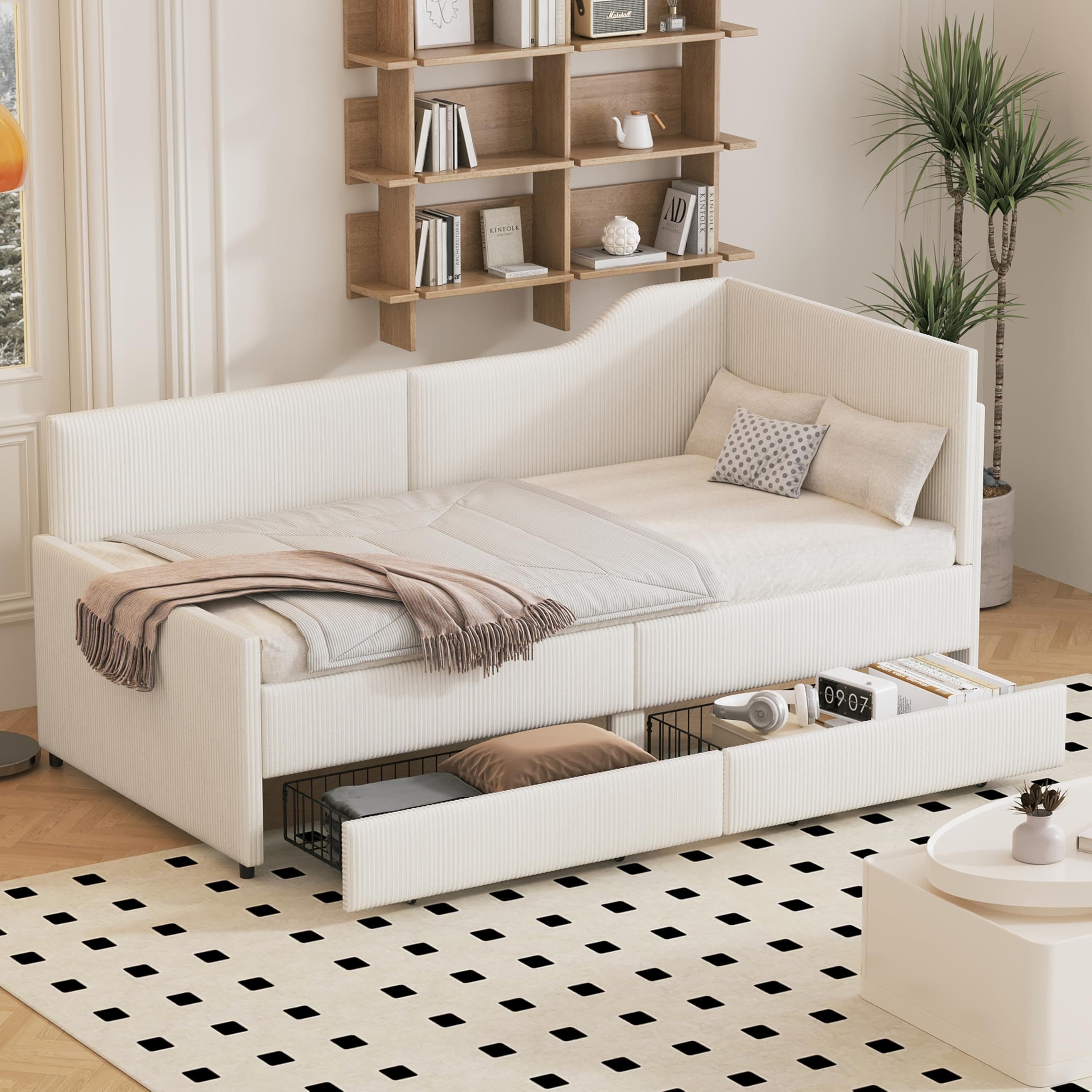 Merax Beige Corduroy Twin Daybed with Storage & Wood Slat Support