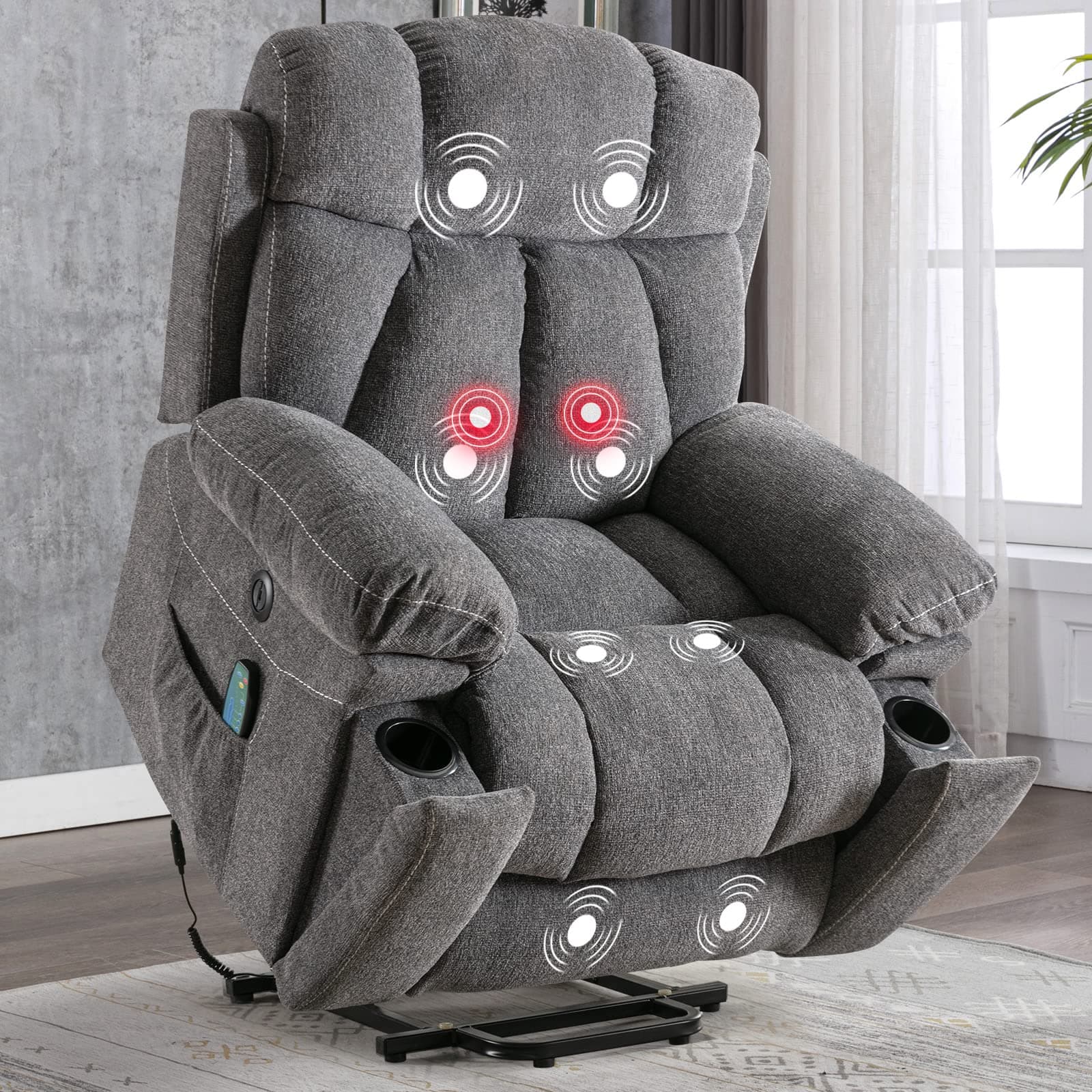 CANMOV Large Power Lift Recliner with Massage and Heat for Big People-Anti Skid Fabric, Dark Gray