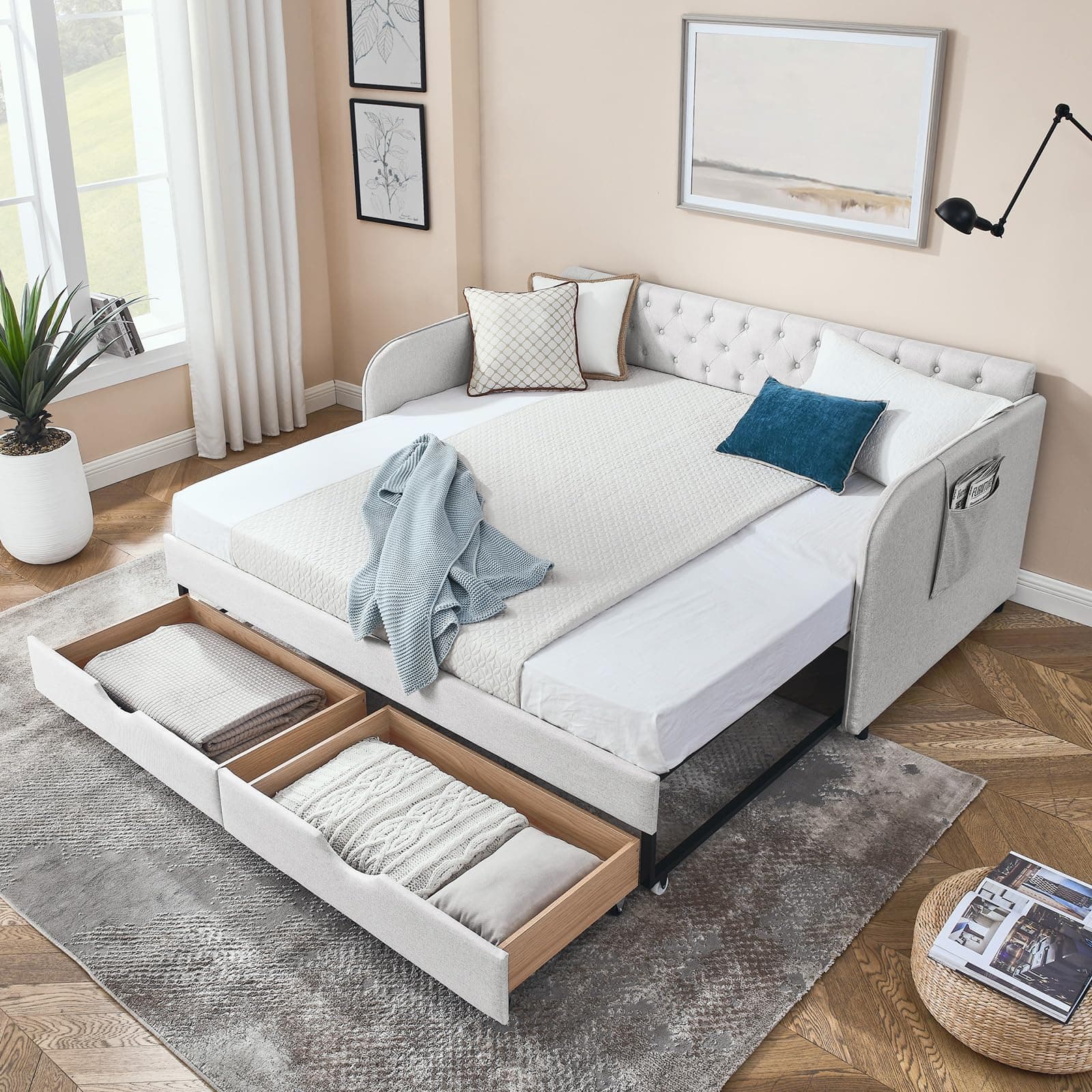 Twin Size Day Bed with Trundle and Storage Drawers for Living Room or Guest Room
