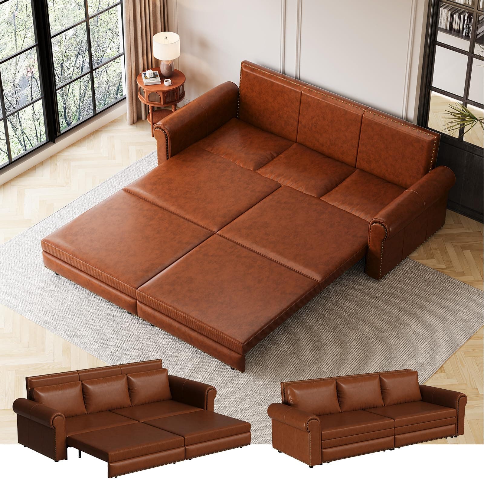 Light Brown 93.7" 3-in-1 Recliner Sleeper Sofa Bed, Faux Leather Office Living Room