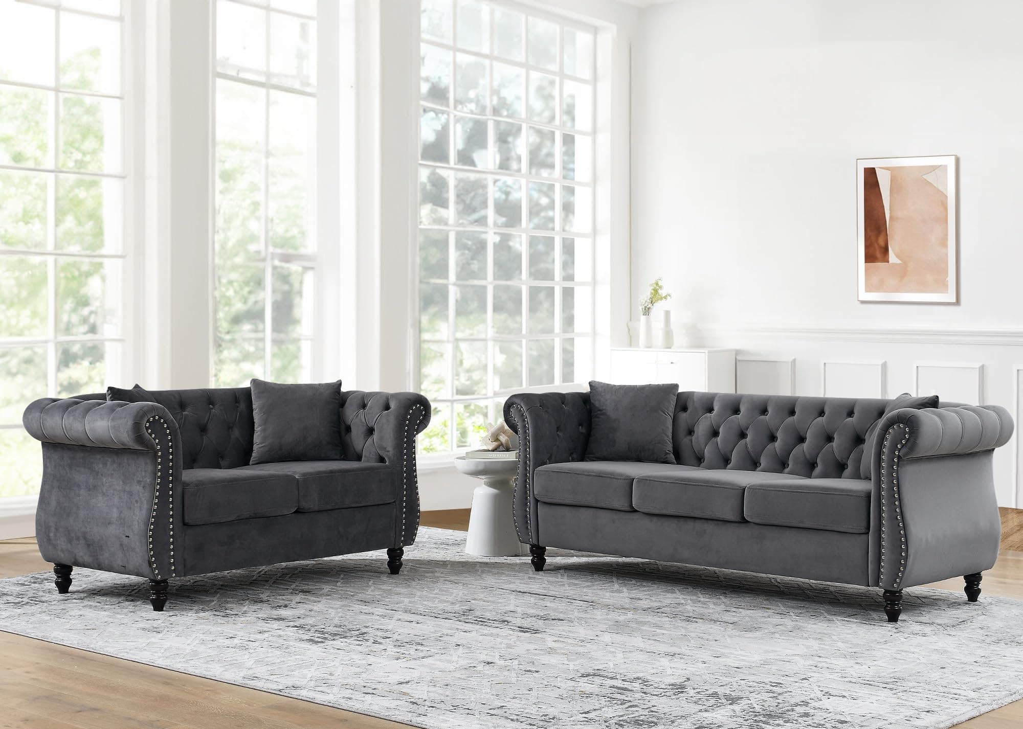 Mid Century Modern Chesterfield Sofa Set, Velvet Couch with Tufted Buttons & Nailhead Trim