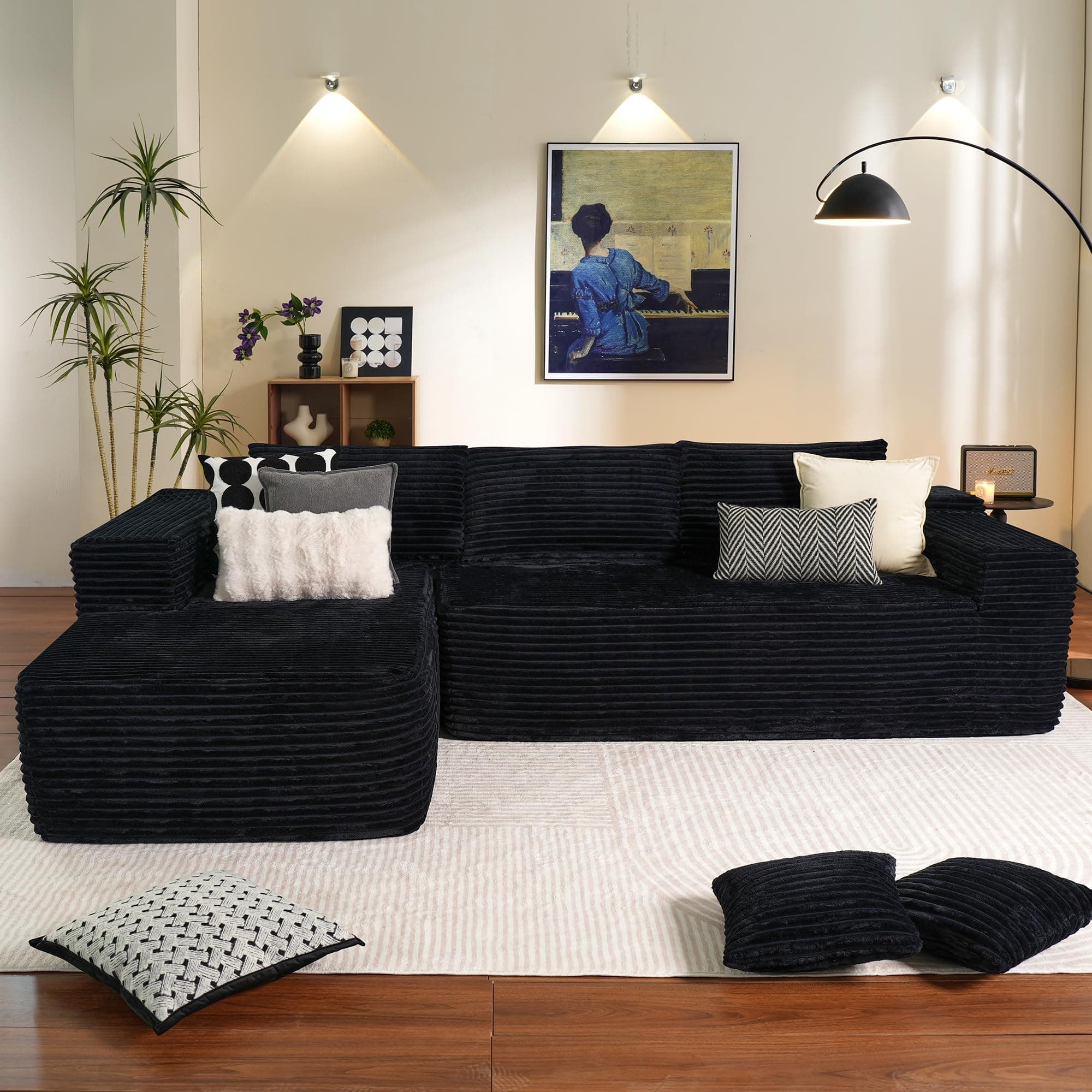 Ovios 104" Cloud Sectional with L-Shape Chaise, Plush Black Corduroy Sofas