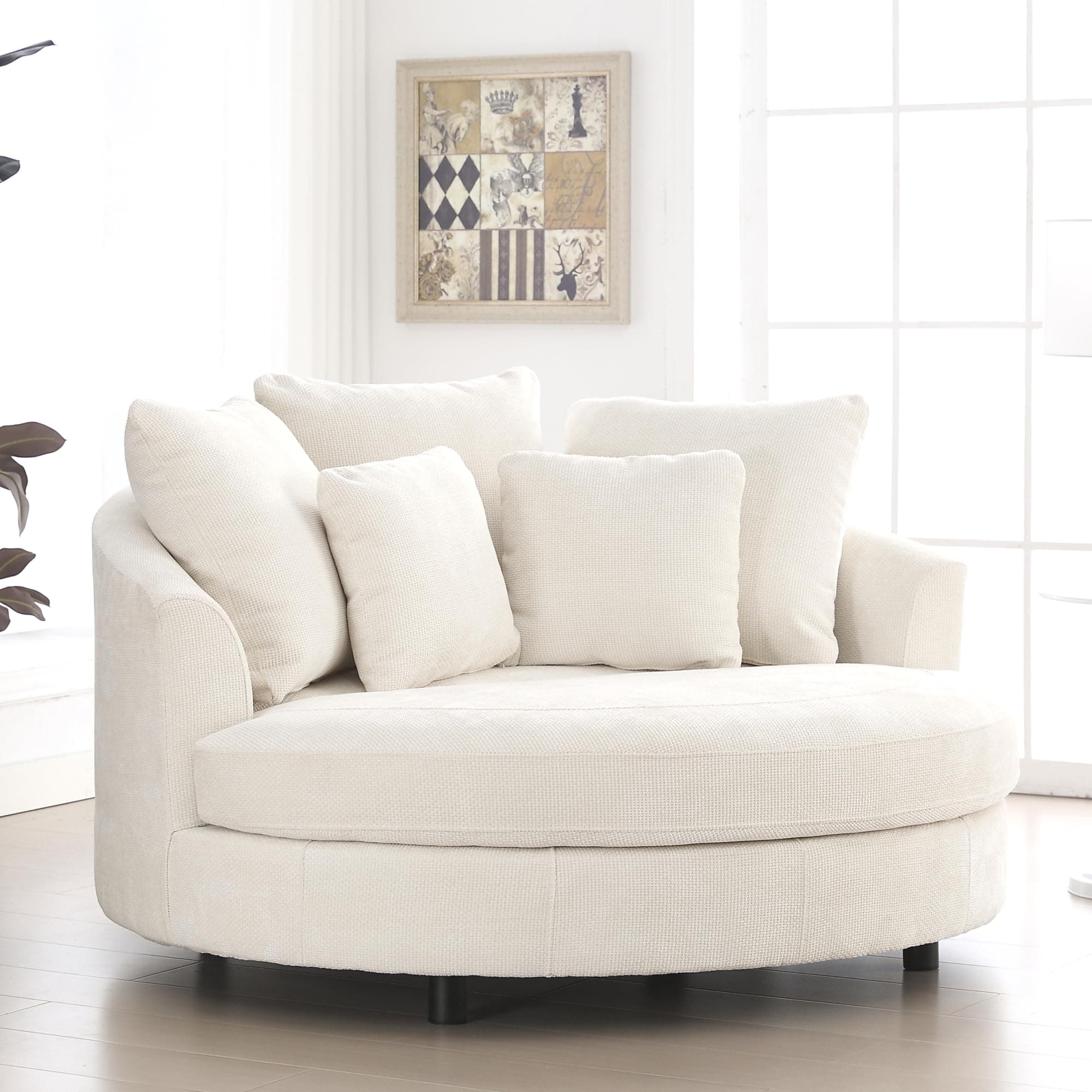Beige Knitted Chenille Oversized Barrel Chair with Wheels & 5 Pillows