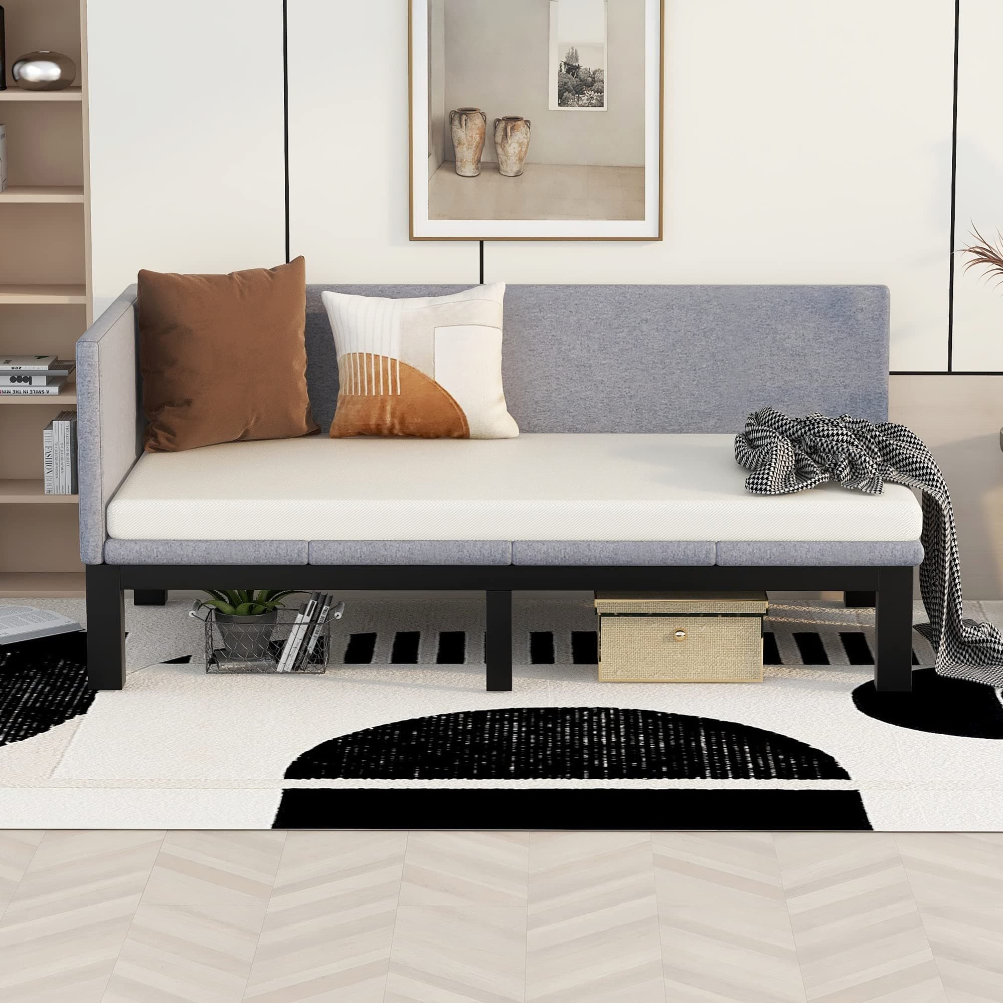 Merax Gray Daybed Sofa Bed Frame with Linen Cover Mattress Futon - Twin Size