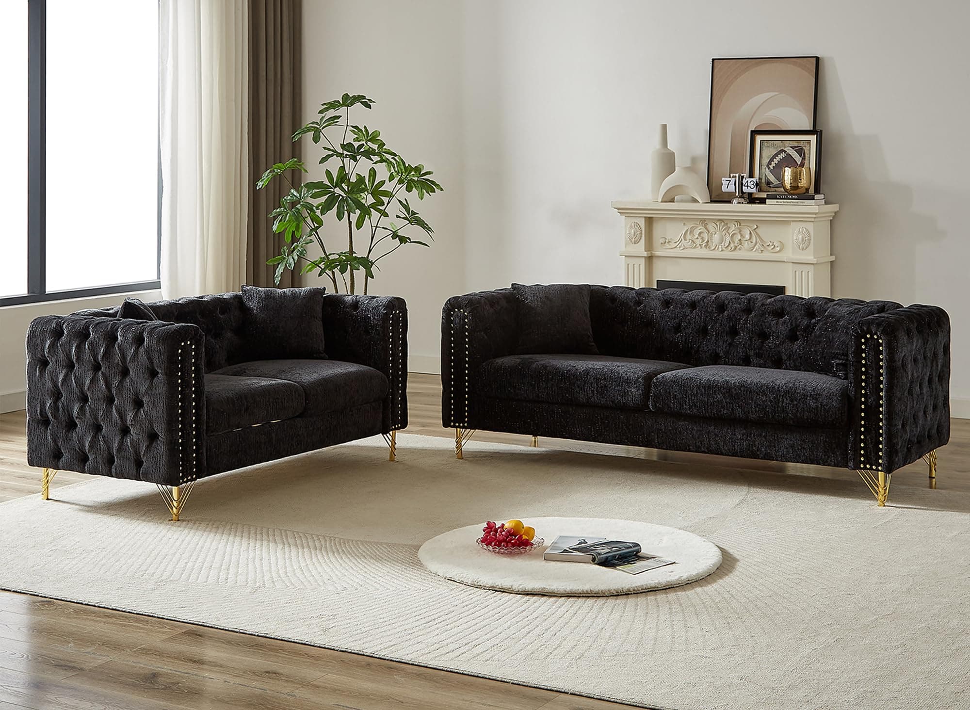 Mid Century Modern Chenille Button Tufted Loveseat + Couch Set (Black)