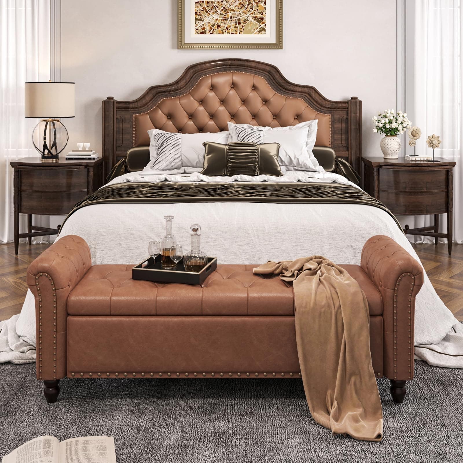 Faux Leather Window Bench with Storage & Tufted Button Detail, 65" Bedroom Bench, Brown